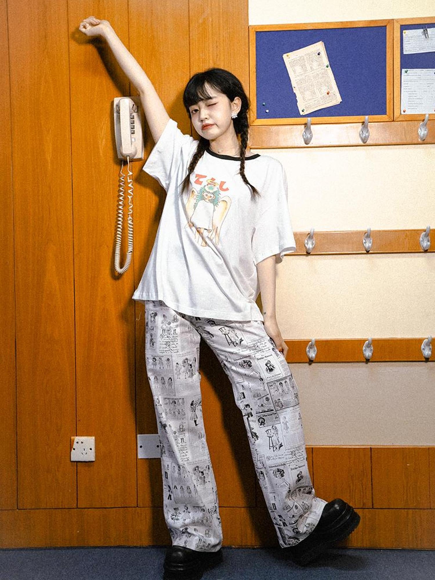 Daytoday Day To Day Angel Print Denim Pants Straight Leg Wide Leg