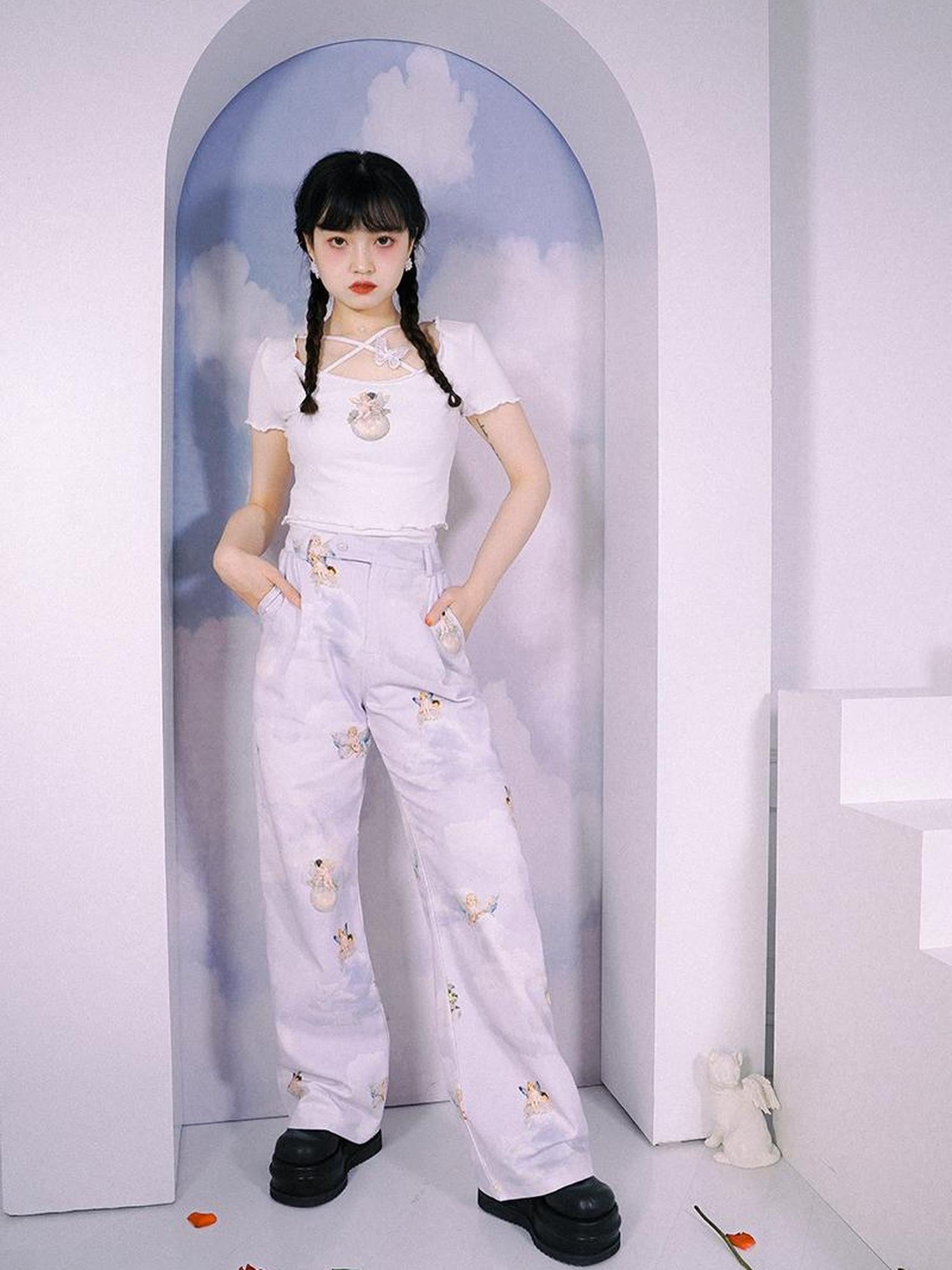 Daytoday Day To Day Angel Print Denim Pants Straight Leg Wide Leg