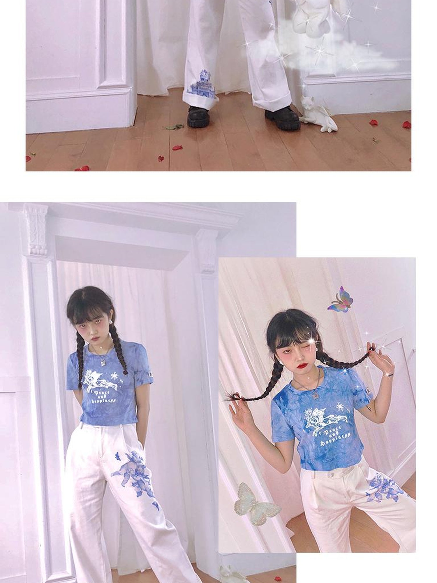 Daytoday Day To Day Angel Print Denim Pants Straight Leg Wide Leg