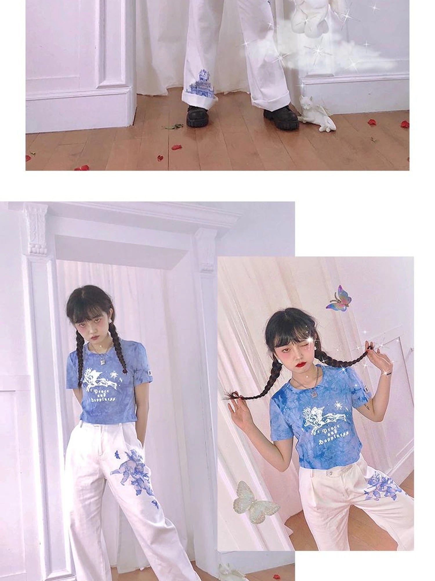 Day To Day Angel Print Denim Pants Straight Leg Wide Leg