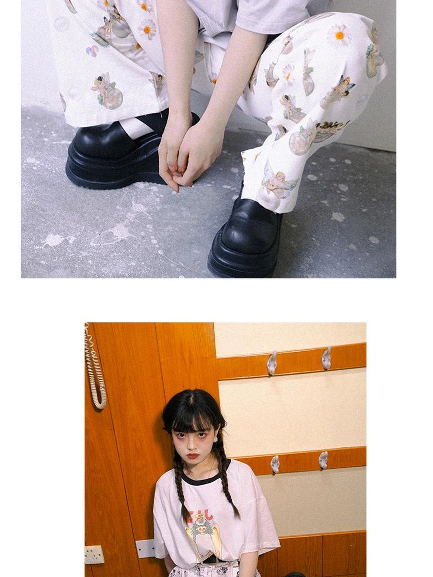 Day To Day Angel Print Denim Pants Straight Leg Wide Leg