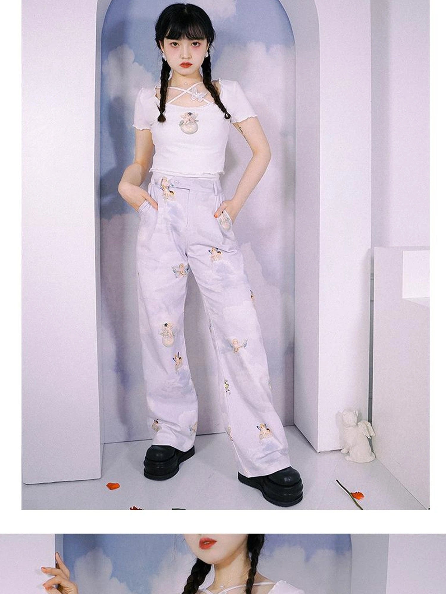 Day To Day Angel Print Denim Pants Straight Leg Wide Leg