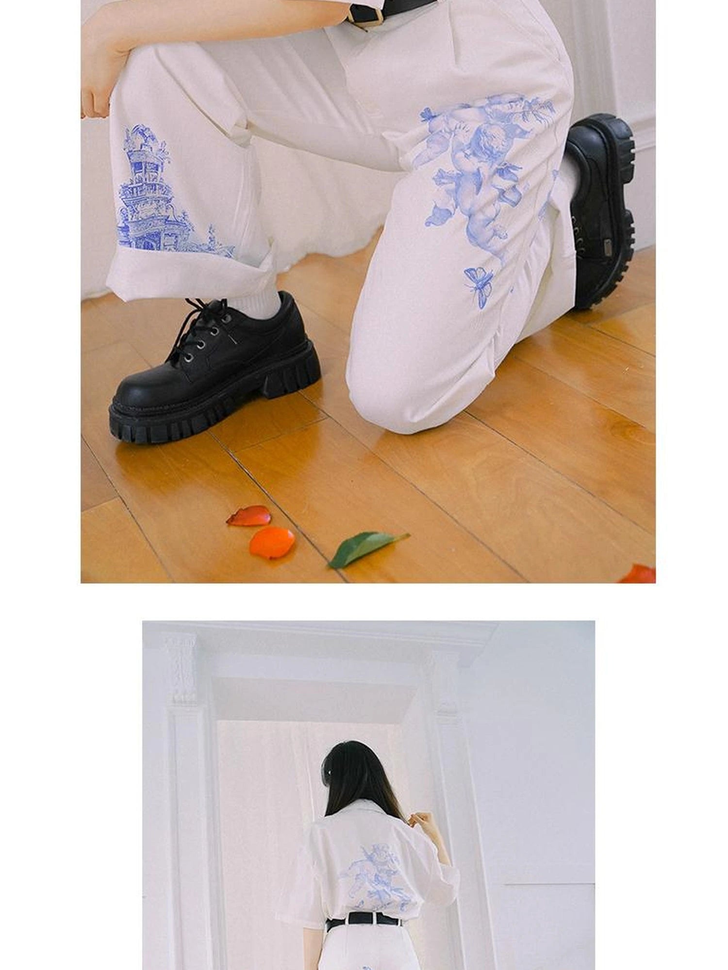 Day To Day Angel Print Denim Pants Straight Leg Wide Leg