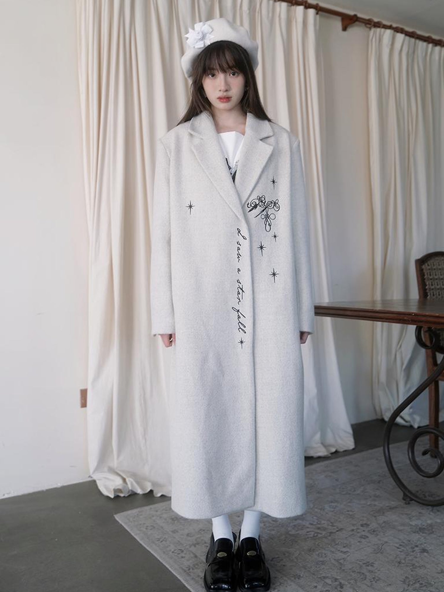 Daytoday Day To Day Embroidered Star Mixed Wool Blend Long Coat