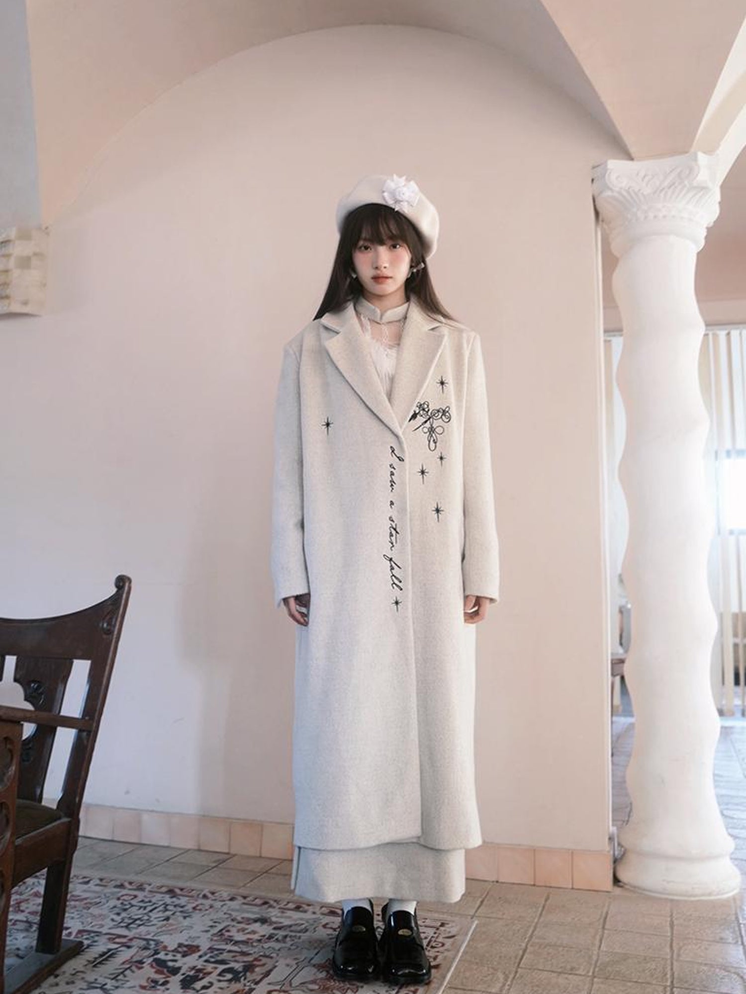 Daytoday Day To Day Embroidered Star Mixed Wool Blend Long Coat