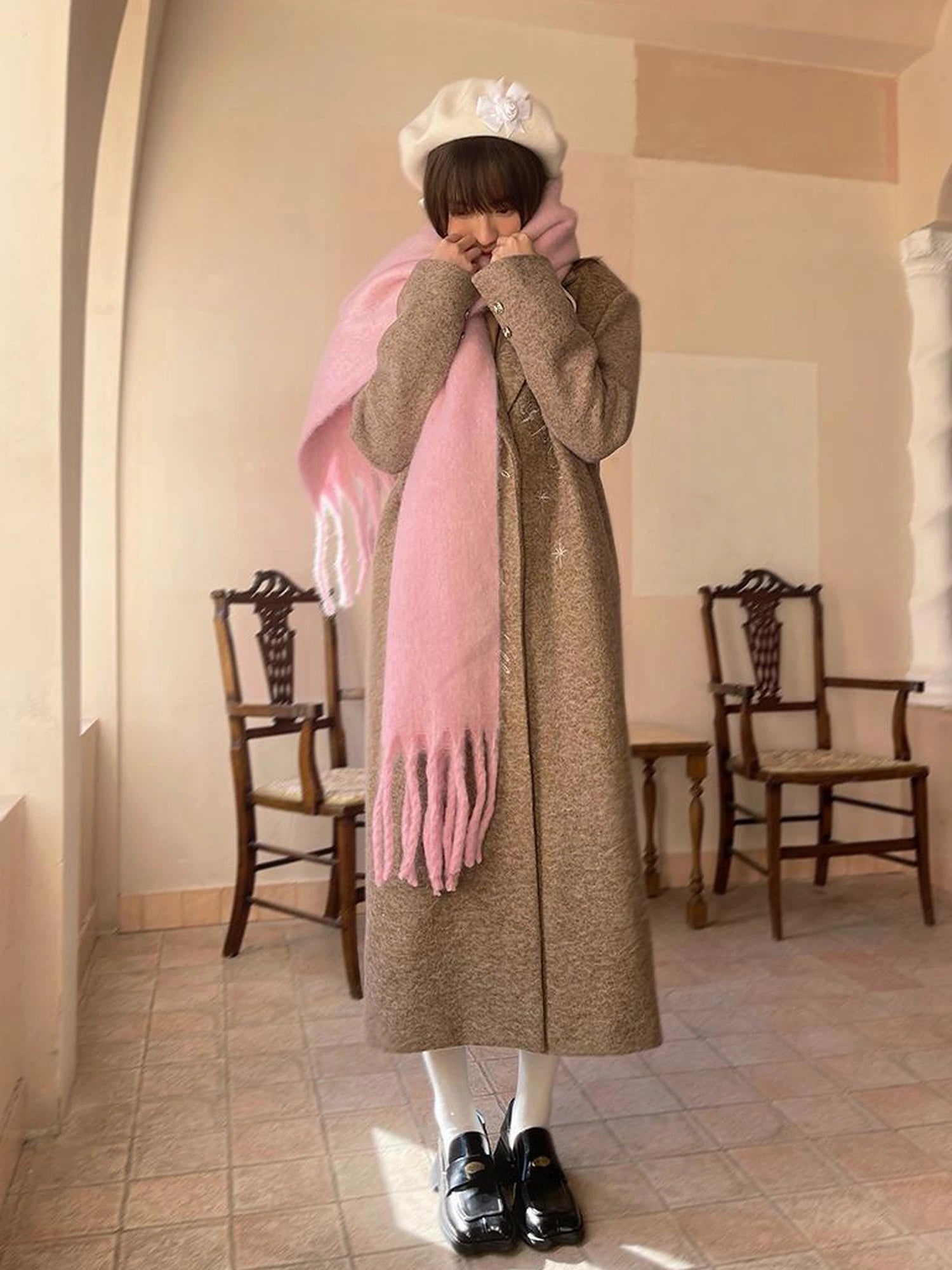 Day To Day Embroidered Star Mixed Wool Blend Long Coat