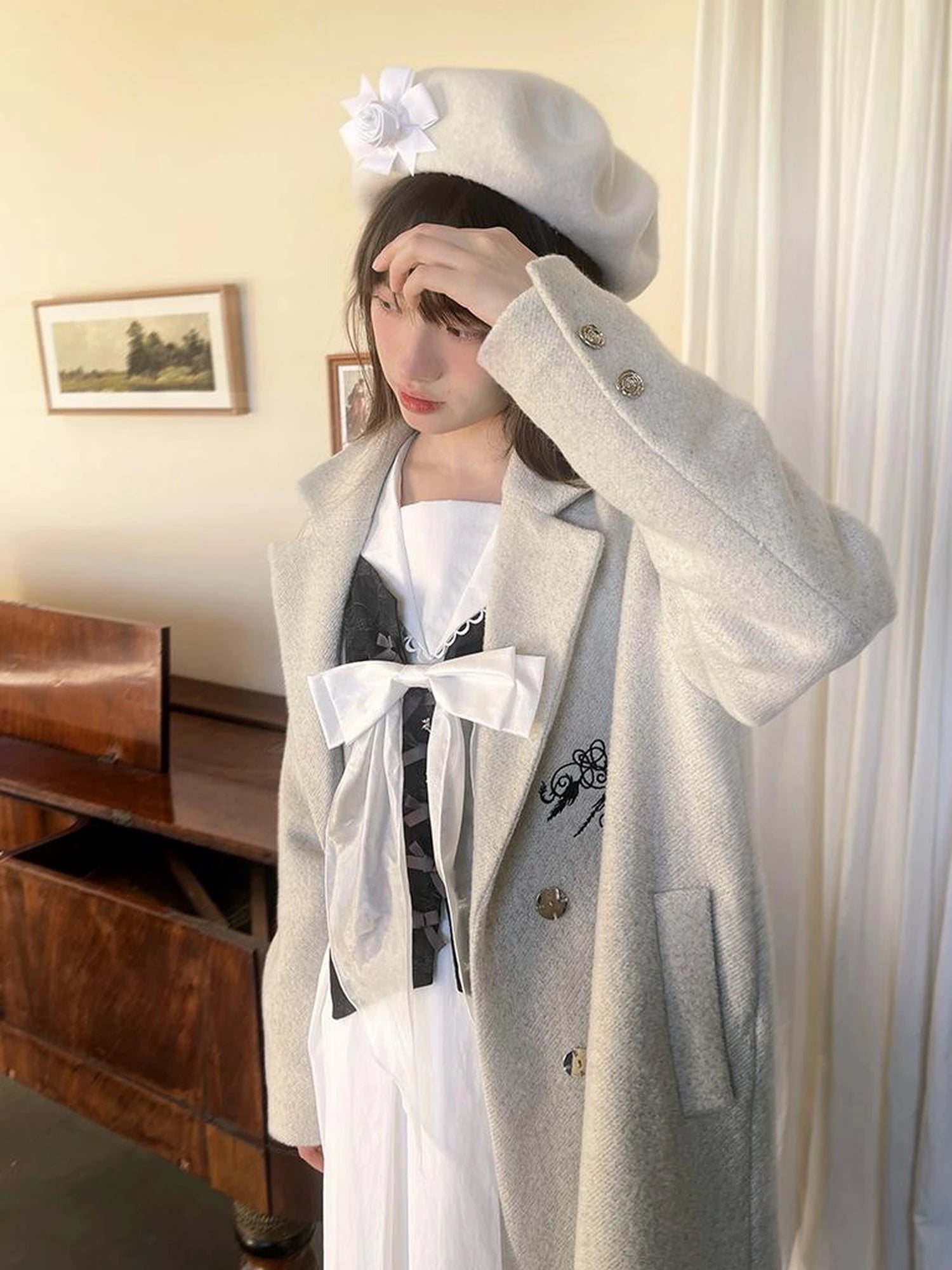 Day To Day Embroidered Star Mixed Wool Blend Long Coat