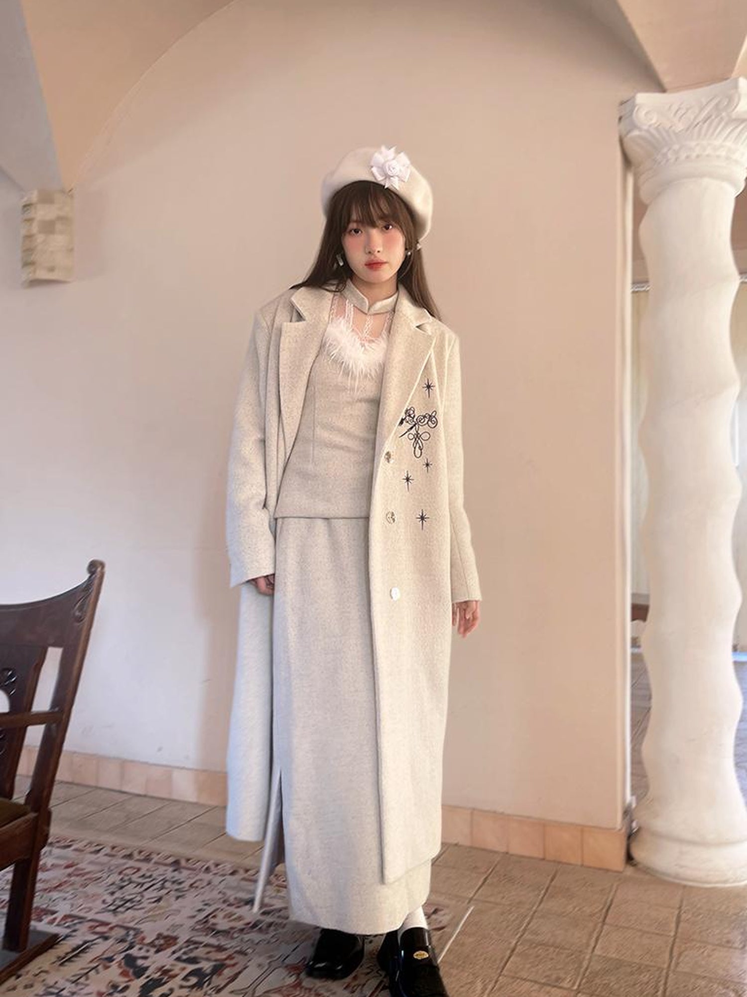 Daytoday Day To Day Embroidered Star Mixed Wool Blend Long Coat