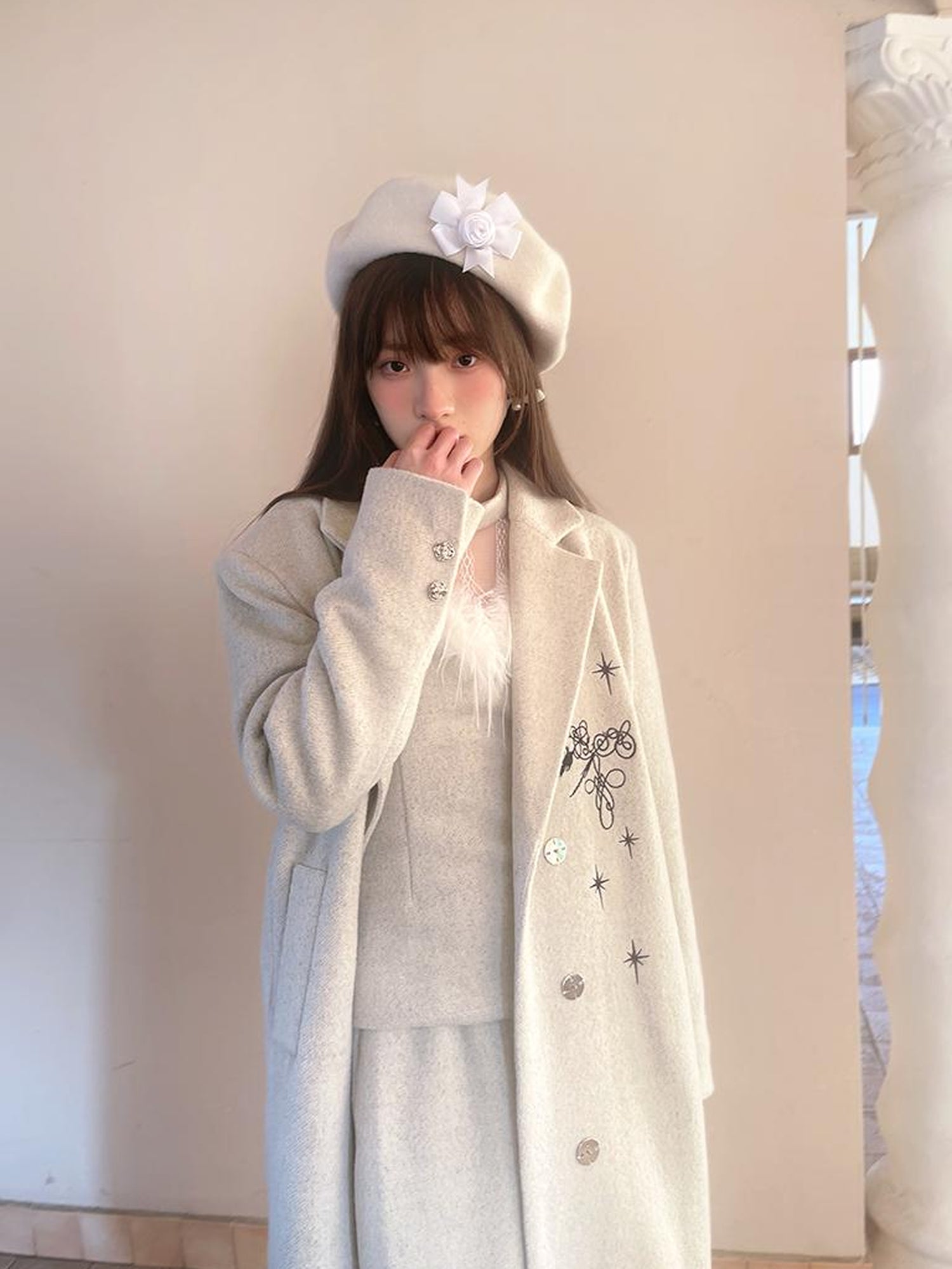 Daytoday Day To Day Embroidered Star Mixed Wool Blend Long Coat