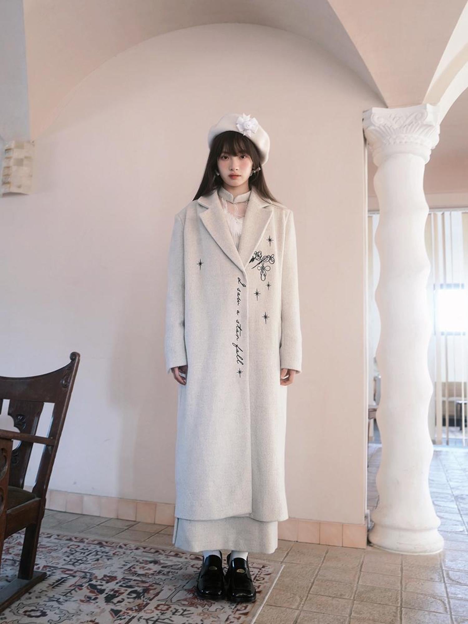 Daytoday Day To Day Embroidered Star Mixed Wool Blend Long Coat