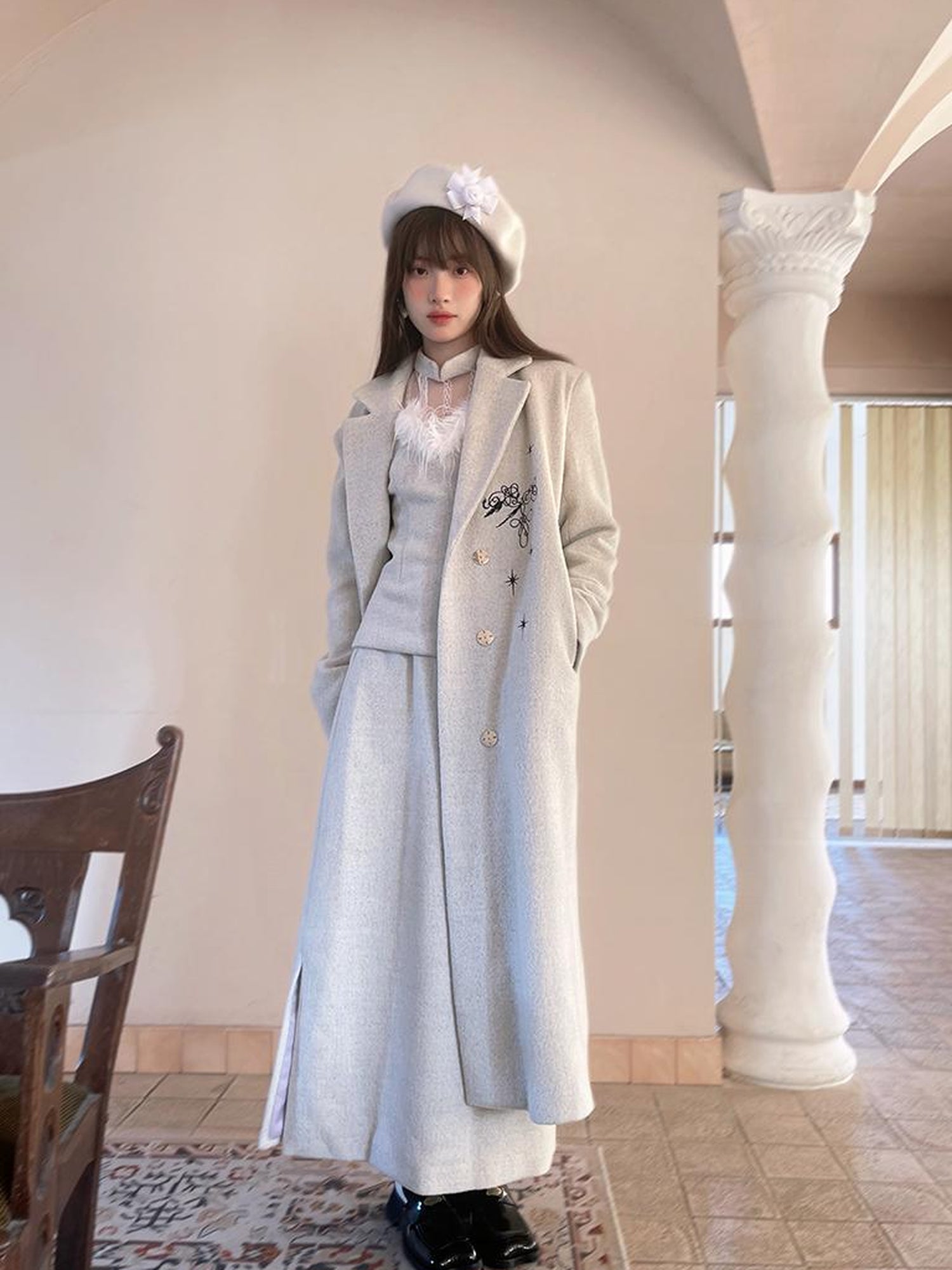 Daytoday Day To Day Embroidered Star Mixed Wool Blend Long Coat