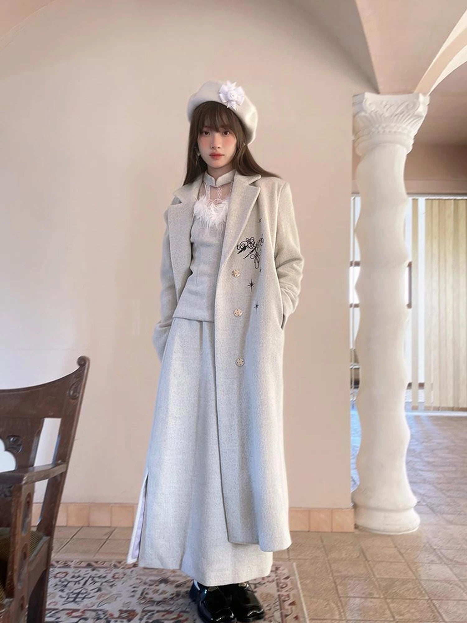 Day To Day Embroidered Star Mixed Wool Blend Long Coat