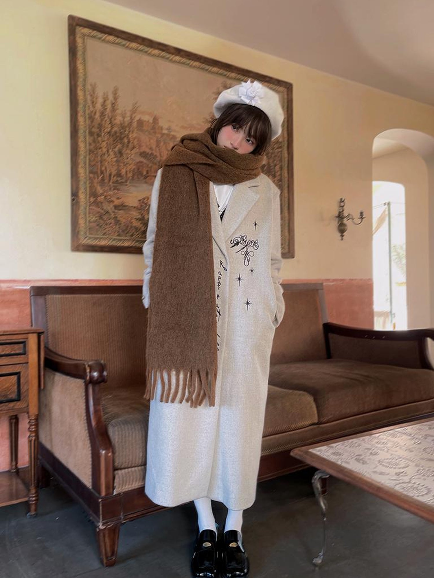 Daytoday Day To Day Embroidered Star Mixed Wool Blend Long Coat