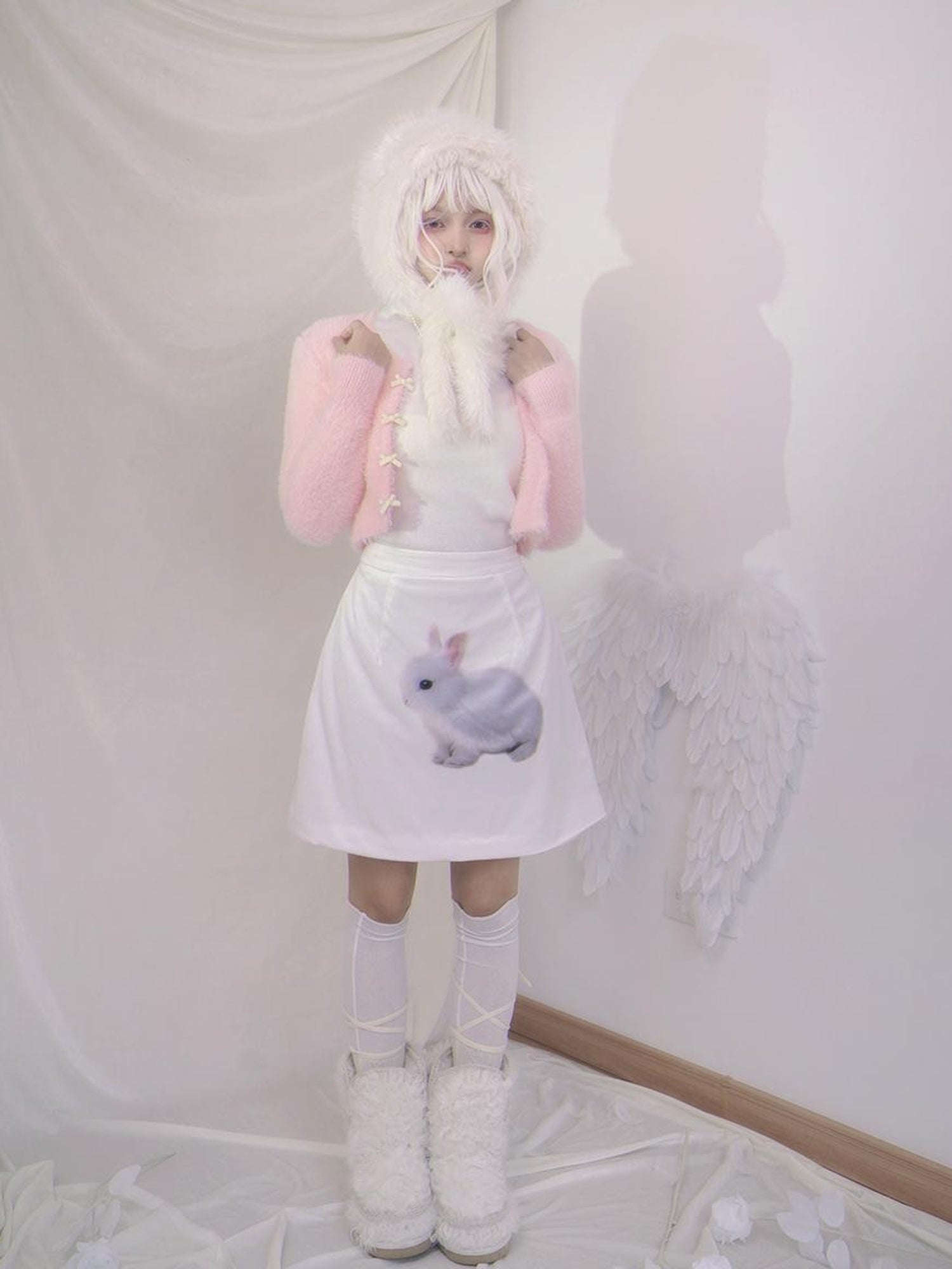 Daytoday Day To Day Rabbit Print Velvet Mini Skirt A-Line Cotton Padded