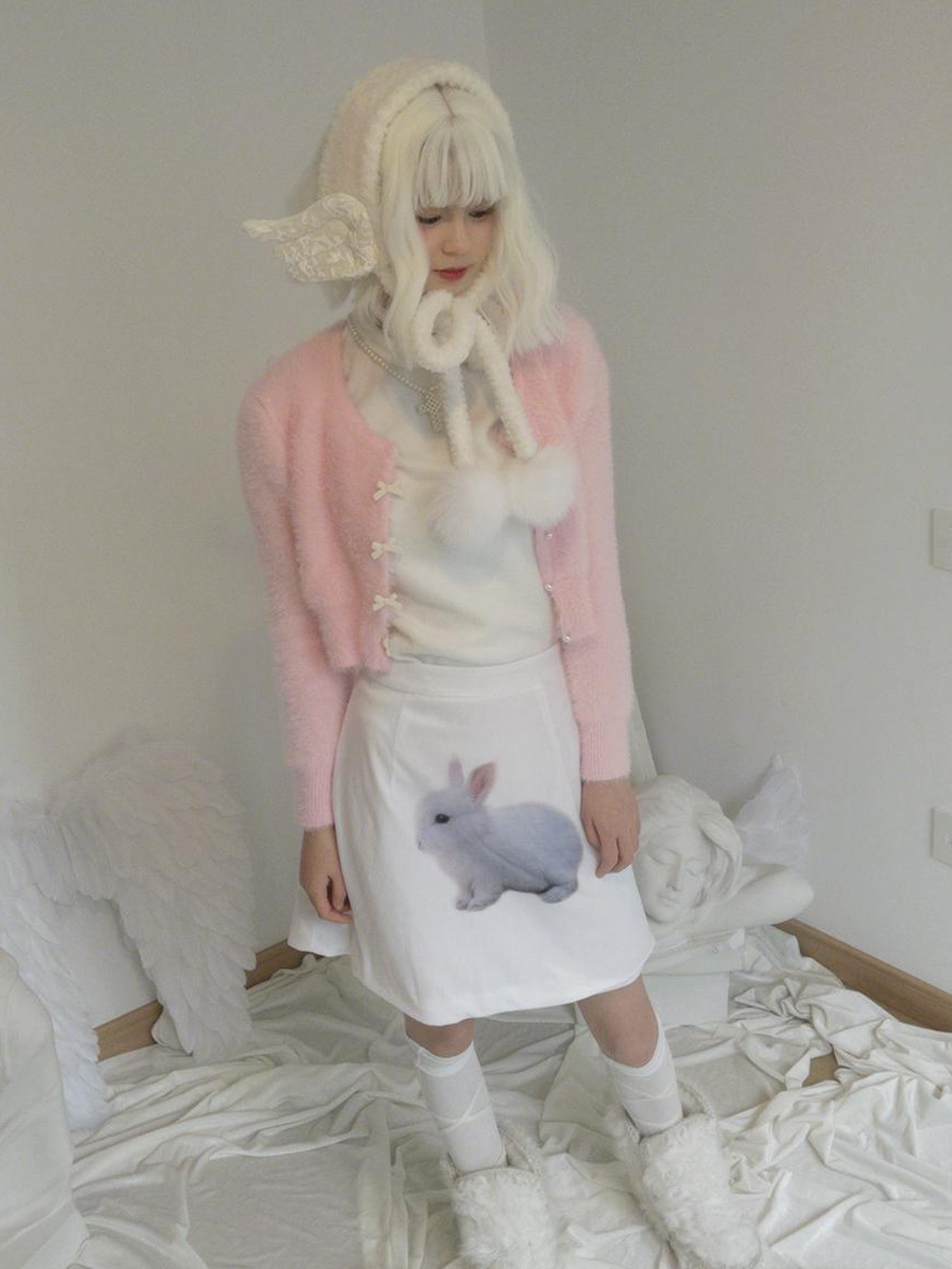 Daytoday Day To Day Rabbit Print Velvet Mini Skirt A-Line Cotton Padded