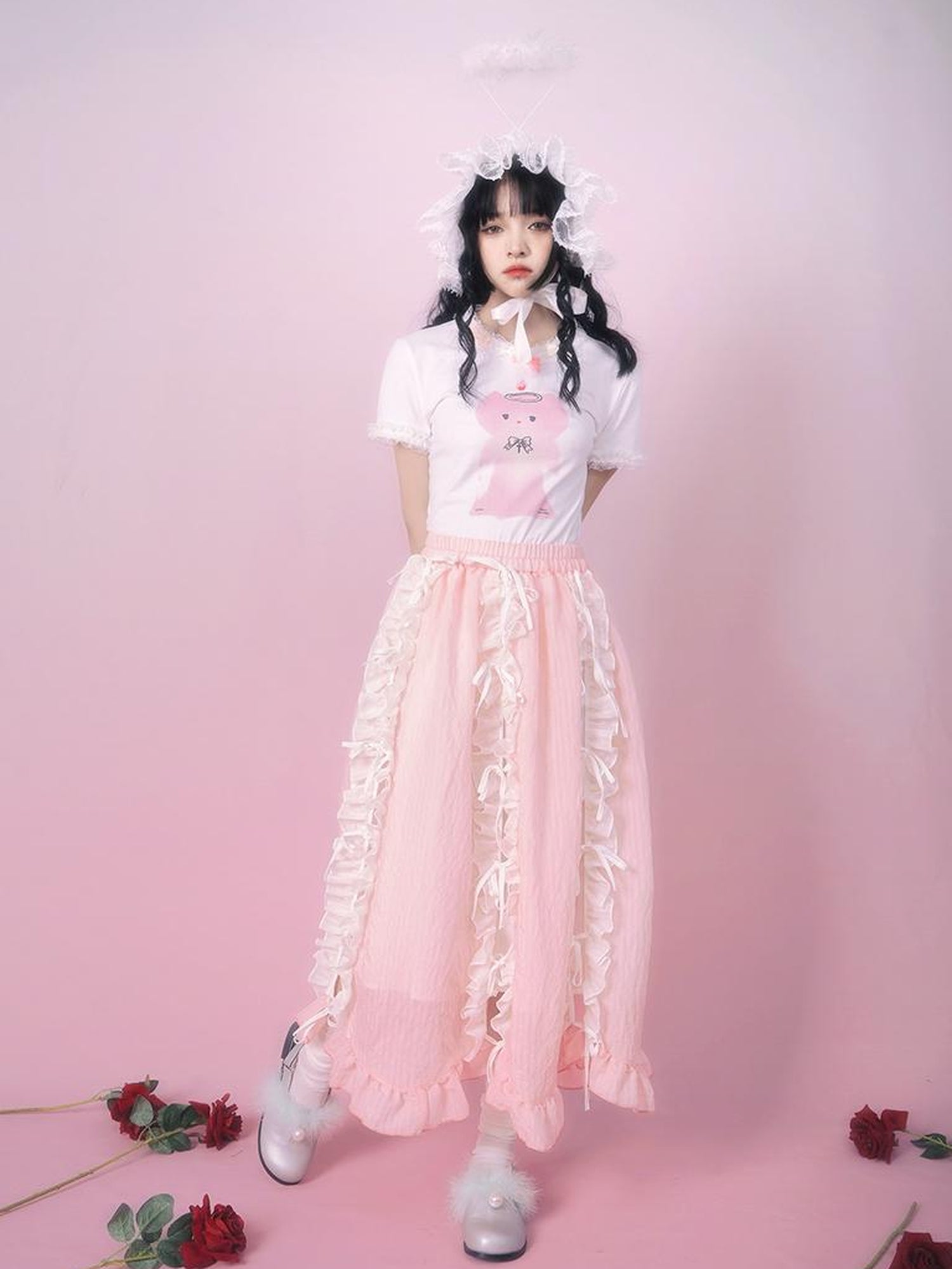 Daytoday Day to Day Floral Bow Tie Princess Midi Skirt with Side Ruffle