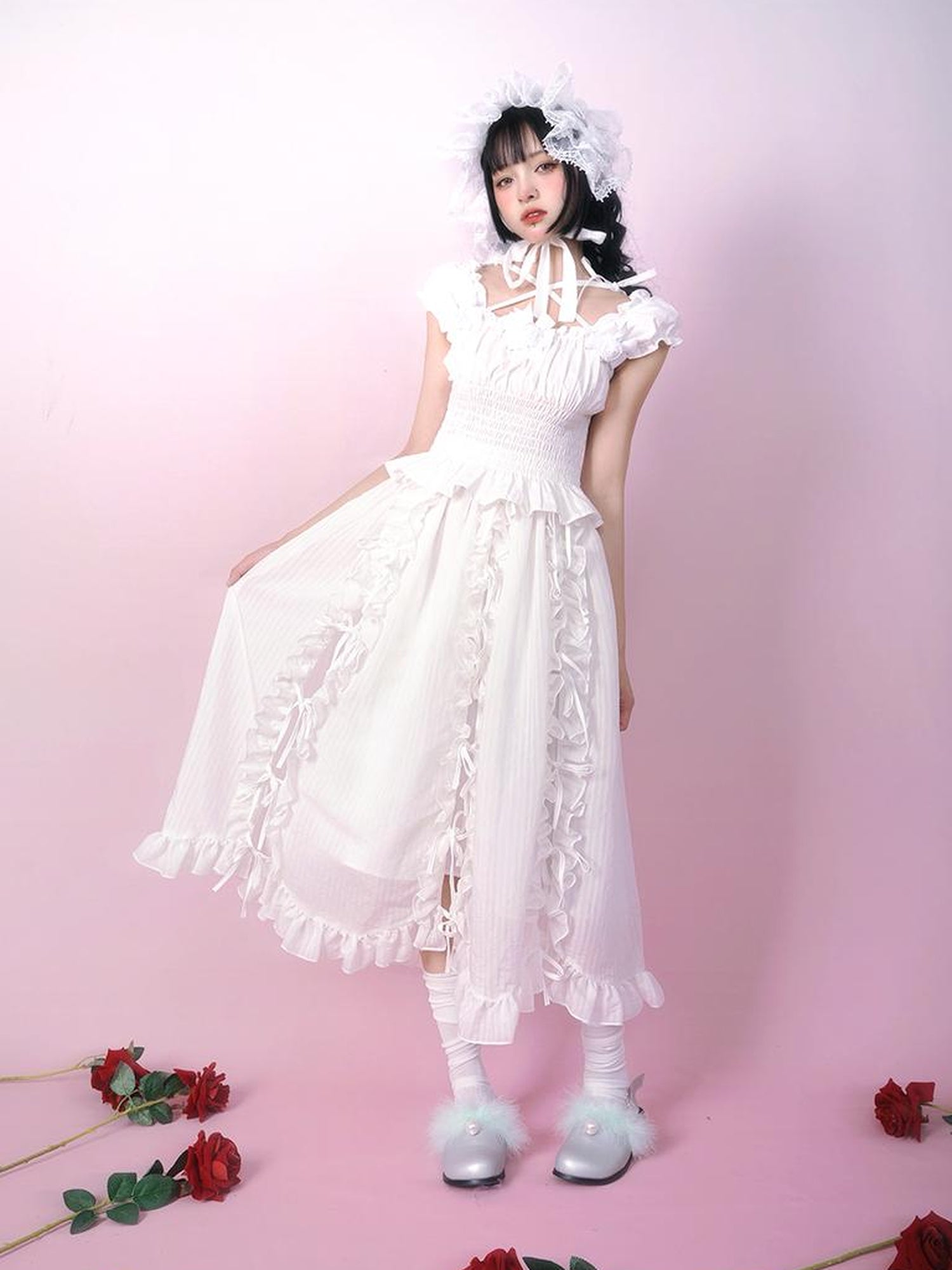 Daytoday Day to Day Floral Bow Tie Princess Midi Skirt with Side Ruffle