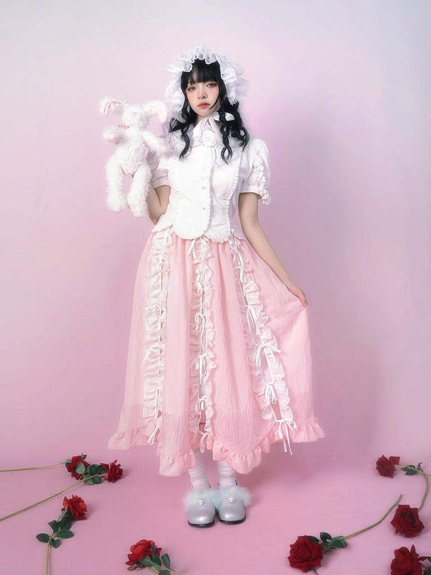 Daytoday Day to Day Floral Bow Tie Princess Midi Skirt with Side Ruffle