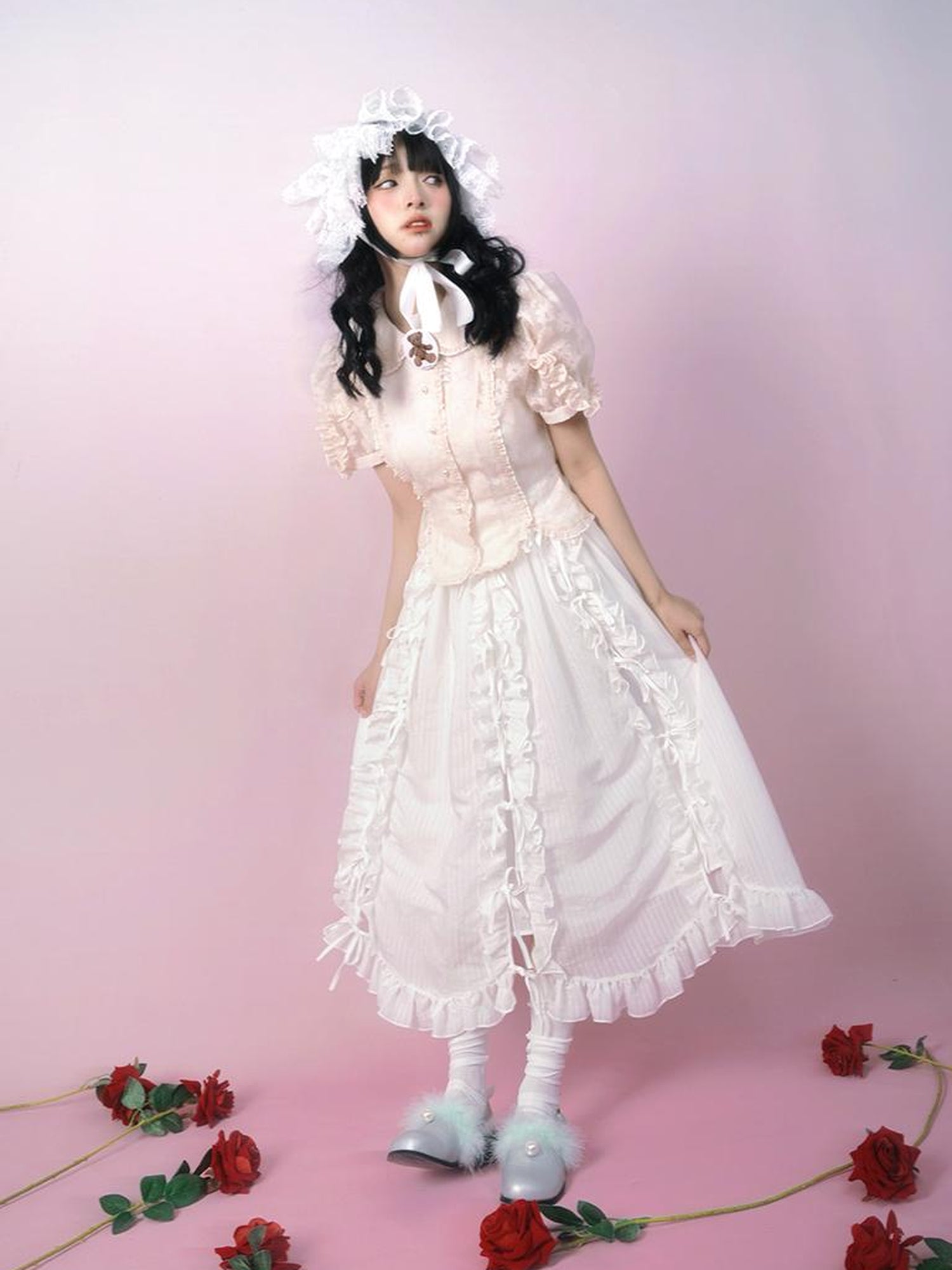 Daytoday Day to Day Floral Bow Tie Princess Midi Skirt with Side Ruffle