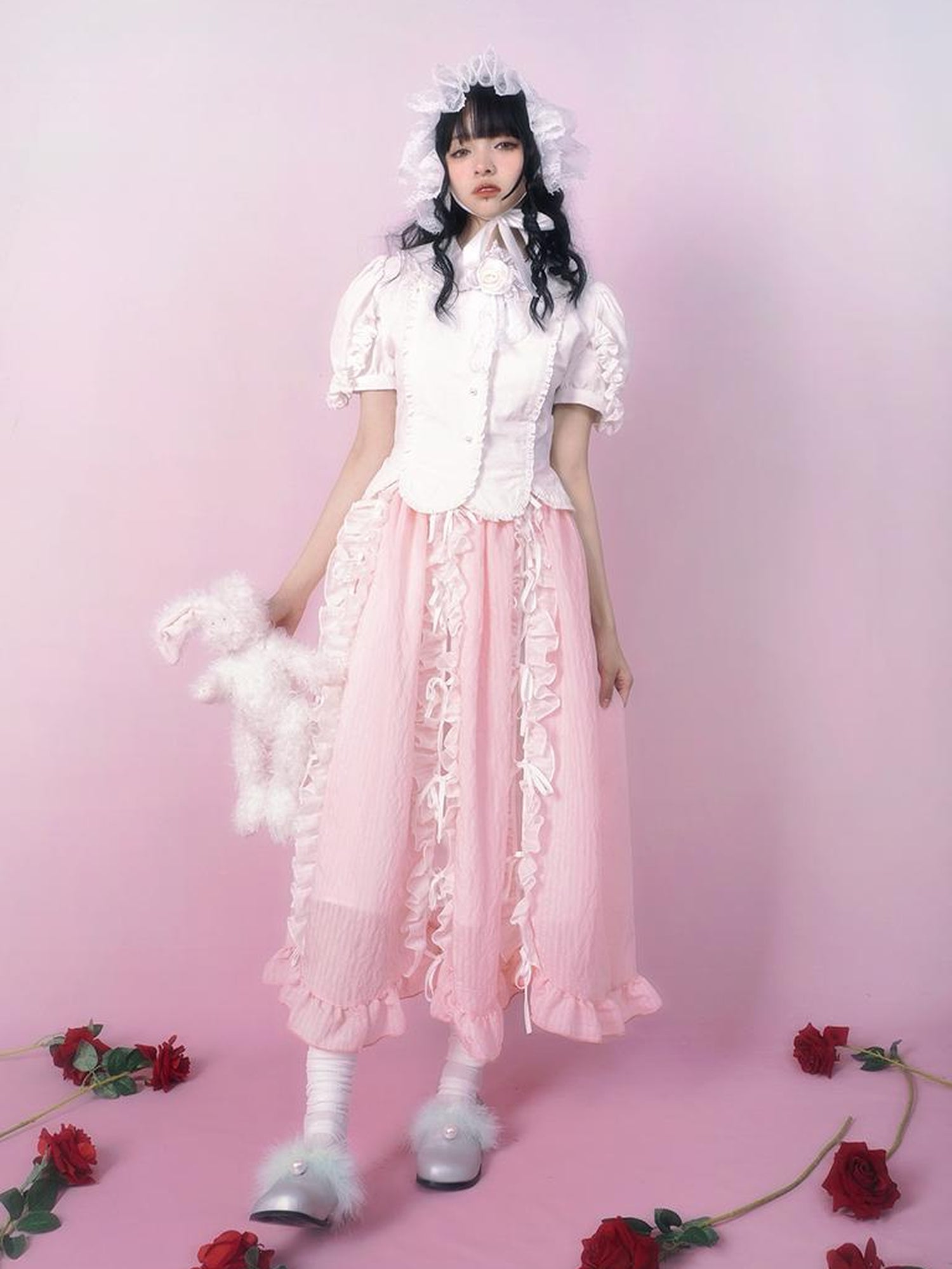 Daytoday Day to Day Floral Bow Tie Princess Midi Skirt with Side Ruffle