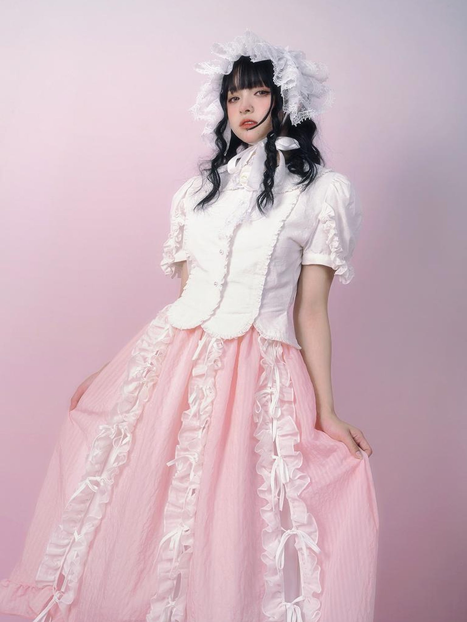 Daytoday Day to Day Floral Bow Tie Princess Midi Skirt with Side Ruffle