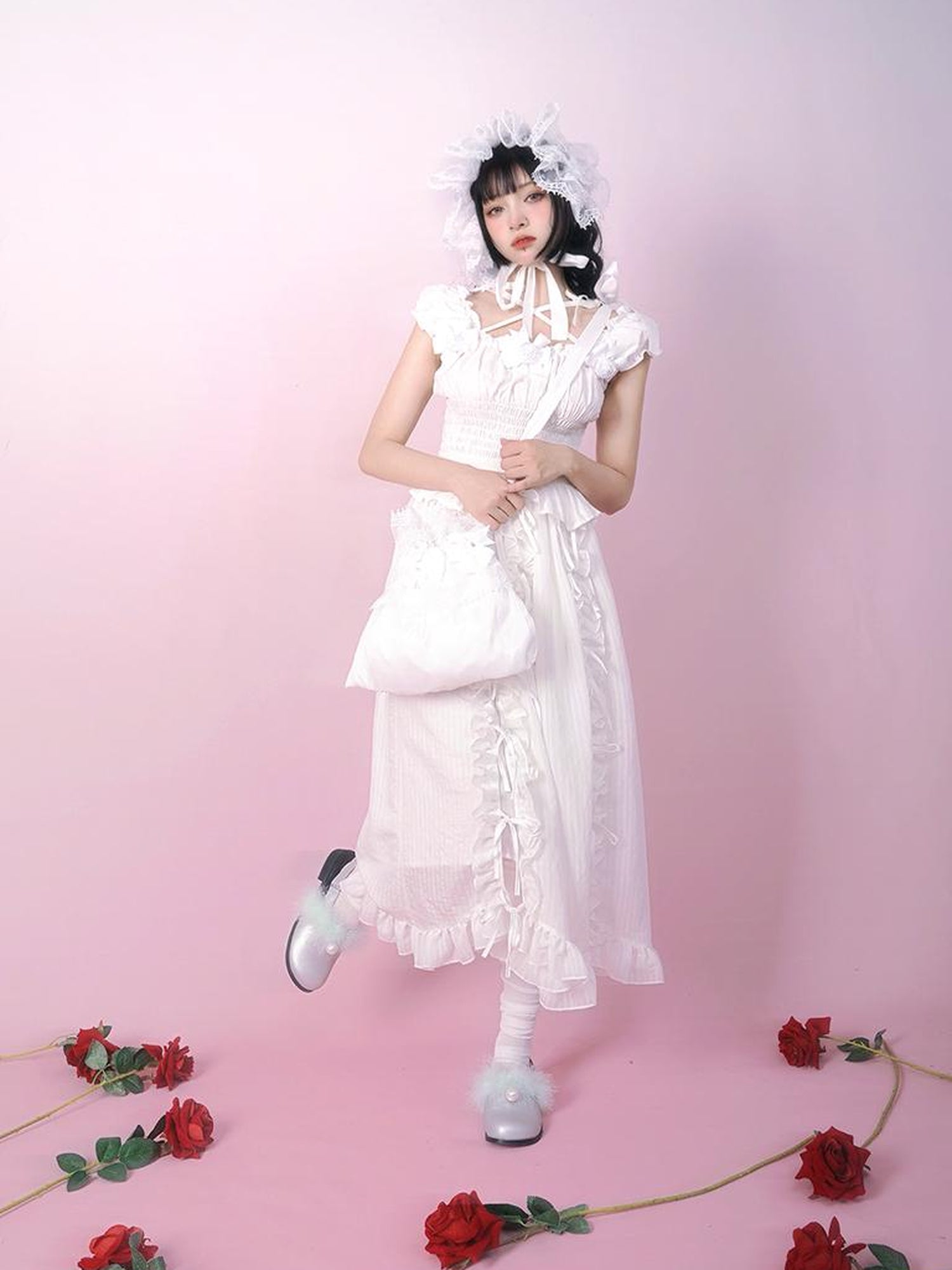 Daytoday Day to Day Floral Bow Tie Princess Midi Skirt with Side Ruffle