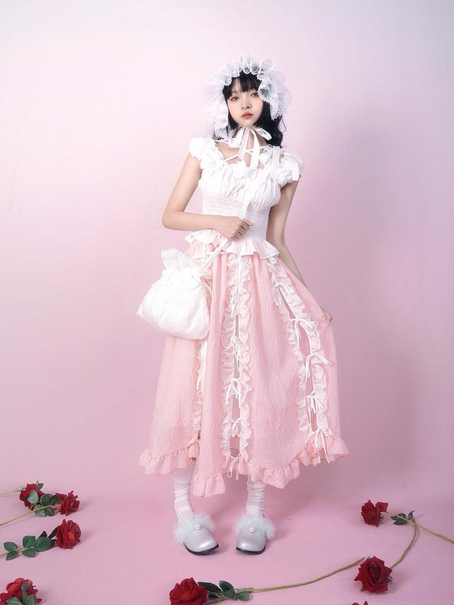 Daytoday Day to Day Floral Bow Tie Princess Midi Skirt with Side Ruffle