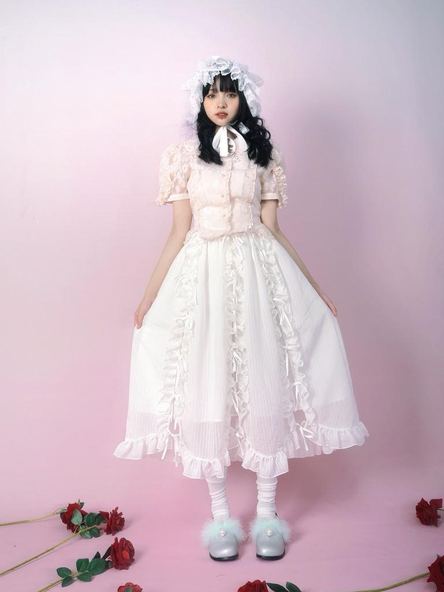 Daytoday Day to Day Floral Bow Tie Princess Midi Skirt with Side Ruffle