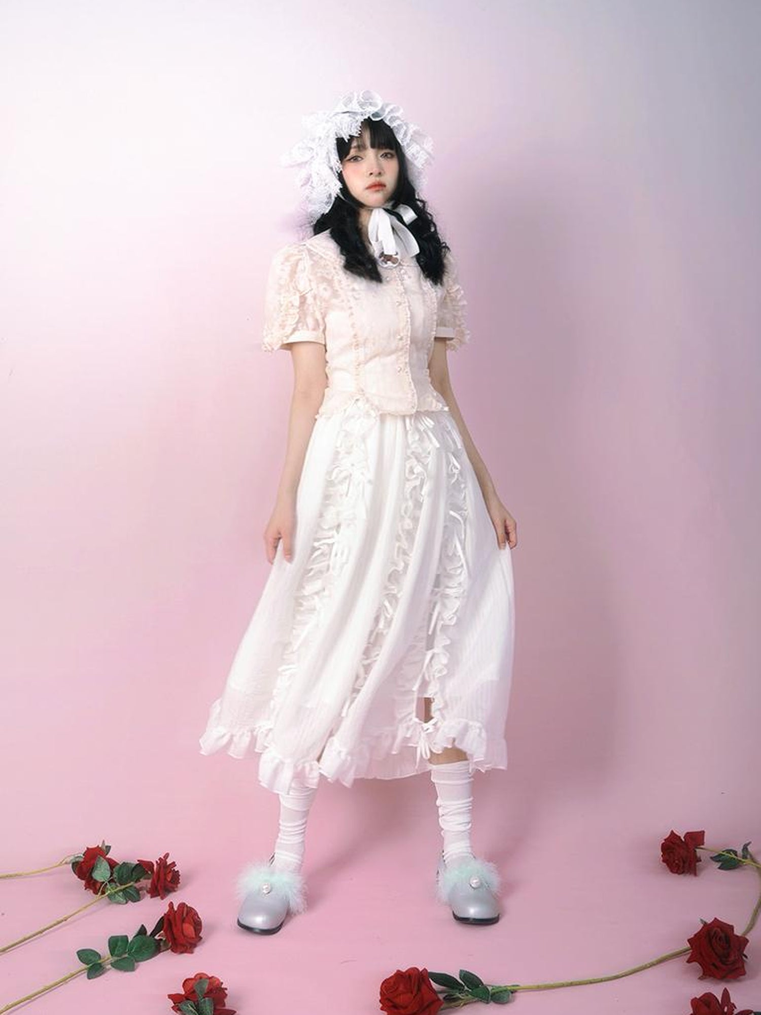 Daytoday Day to Day Floral Bow Tie Princess Midi Skirt with Side Ruffle