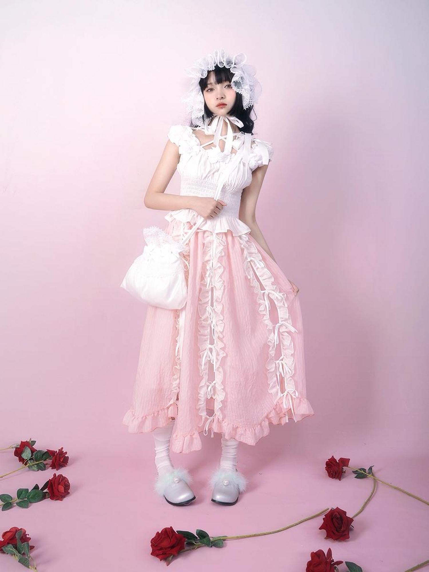 Daytoday Day to Day Floral Bow Tie Princess Midi Skirt with Side Ruffle