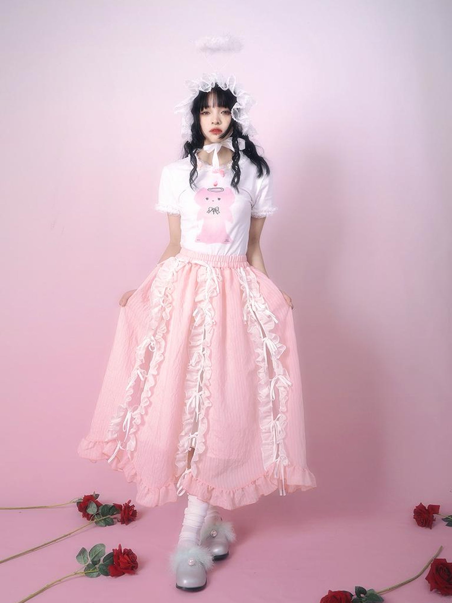 Daytoday Day to Day Floral Bow Tie Princess Midi Skirt with Side Ruffle