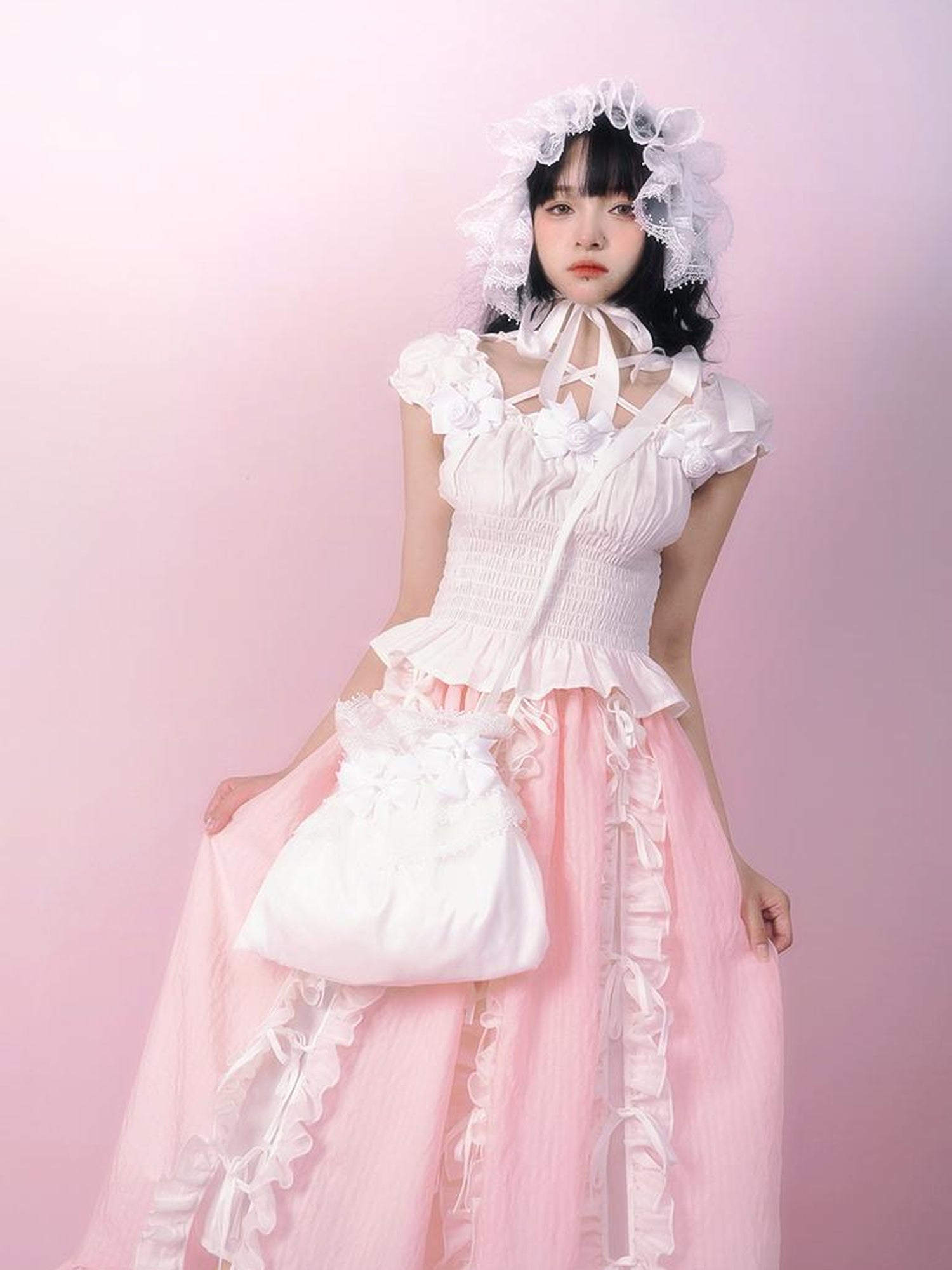 Daytoday Day to Day Floral Bow Tie Princess Midi Skirt with Side Ruffle