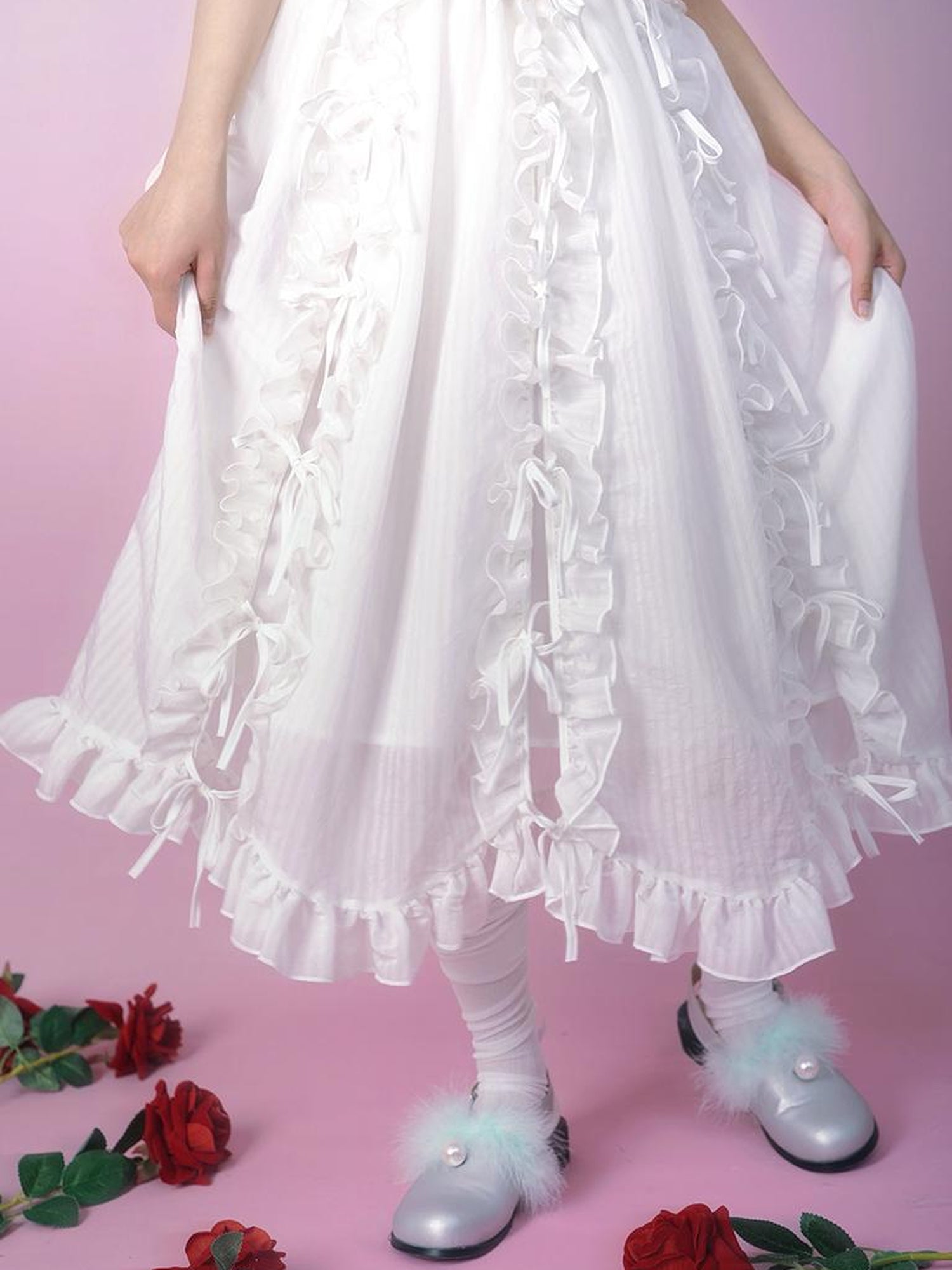 Daytoday Day to Day Floral Bow Tie Princess Midi Skirt with Side Ruffle