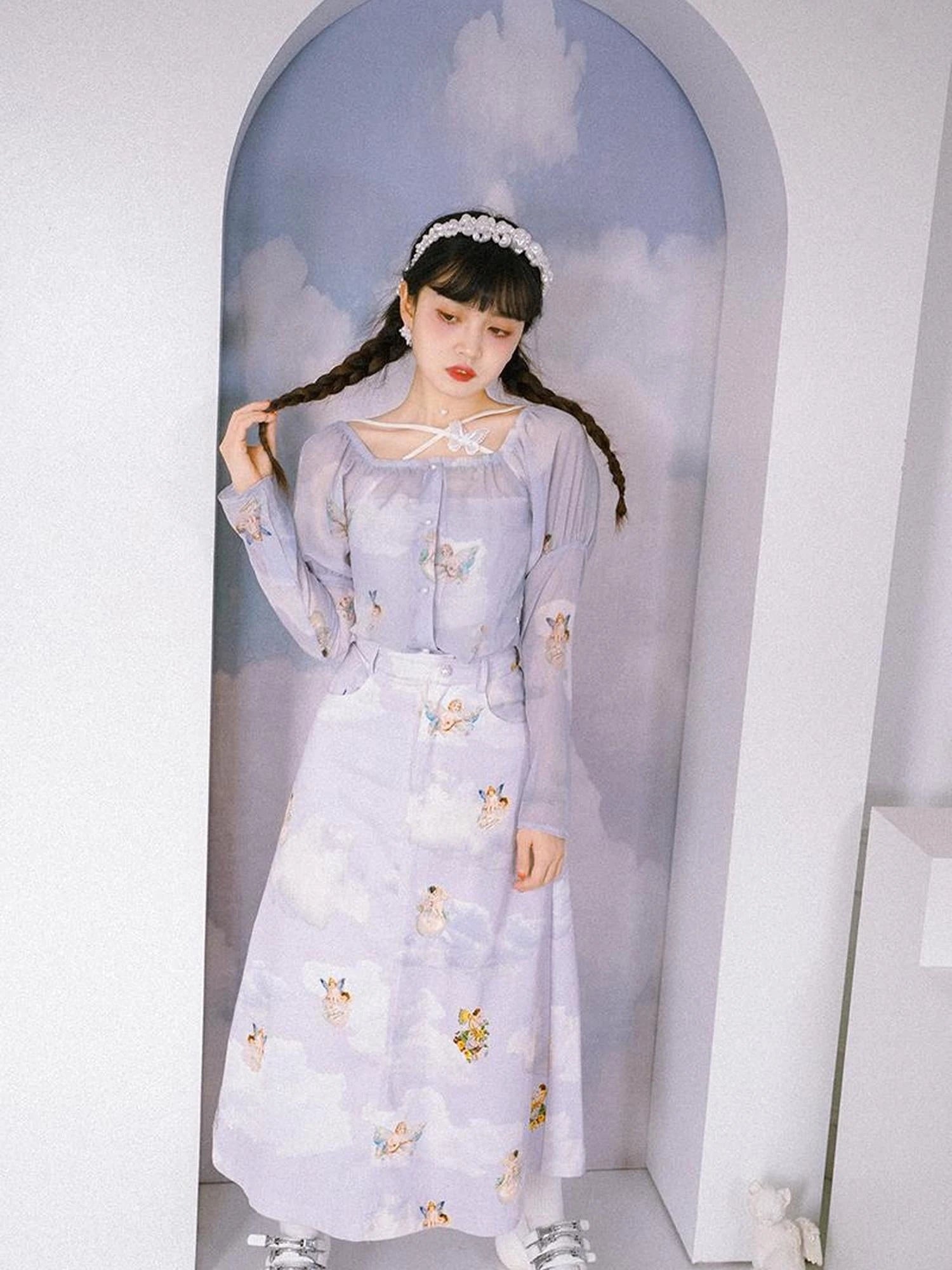 Daytoday Angel Print Denim A-Line Maxi Skirt