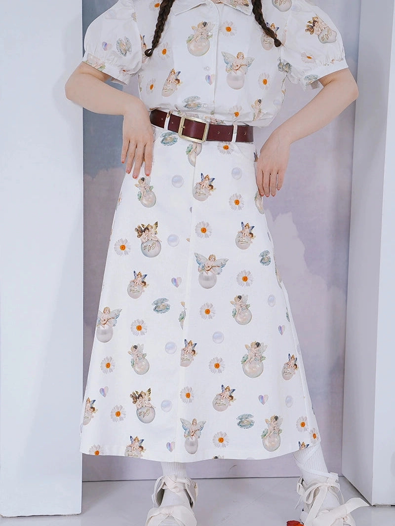 Daytoday Angel Print Denim A-Line Maxi Skirt