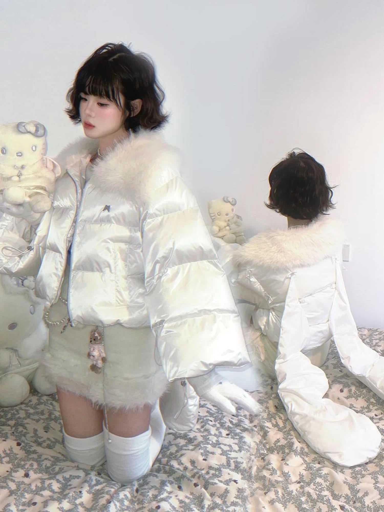 Detachable Wing Quilted Jacket With Faux Fur Collar