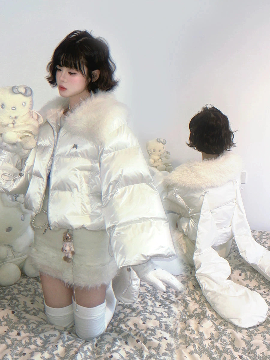 Detachable Wing Quilted Jacket With Faux Fur Collar