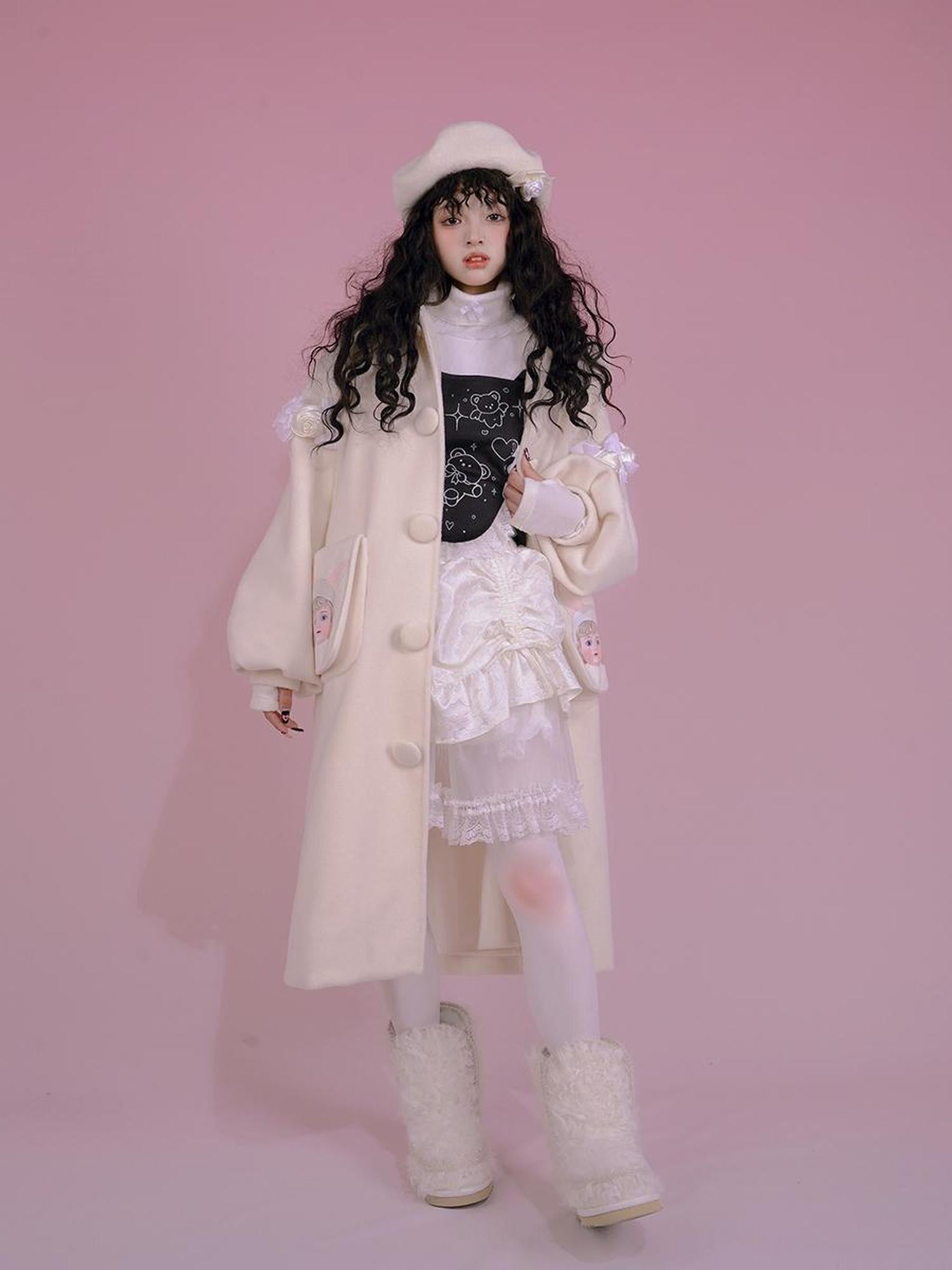 Daytoday Dolly Print Bubble Sleeve Cotton Padded Long Wool Coat