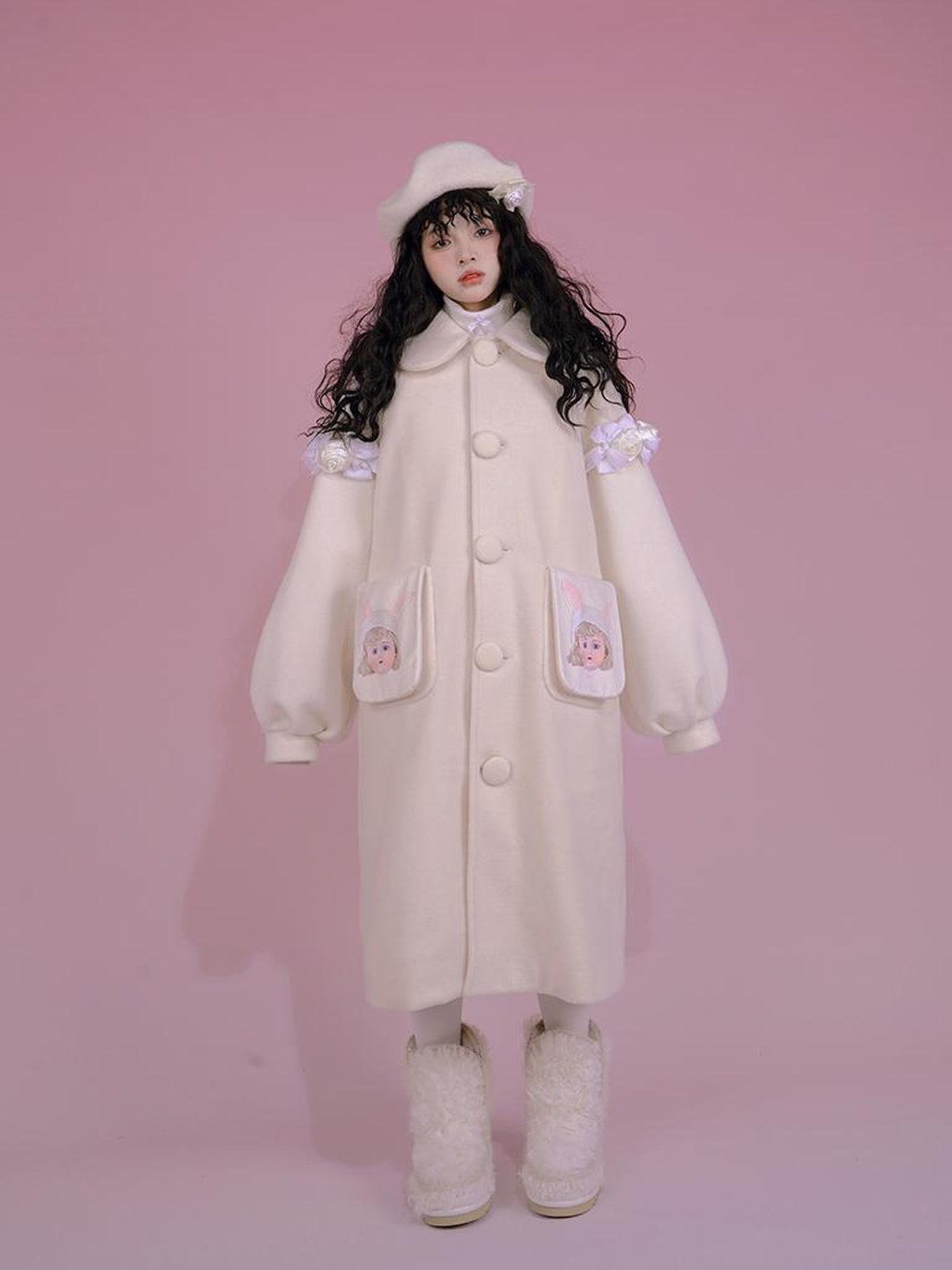Daytoday Dolly Print Bubble Sleeve Cotton Padded Long Wool Coat