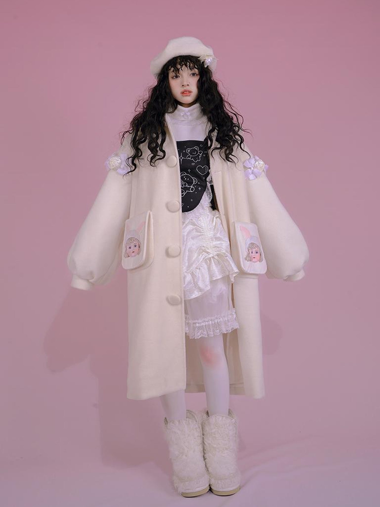 Daytoday Dolly Print Bubble Sleeve Cotton Padded Long Wool Coat