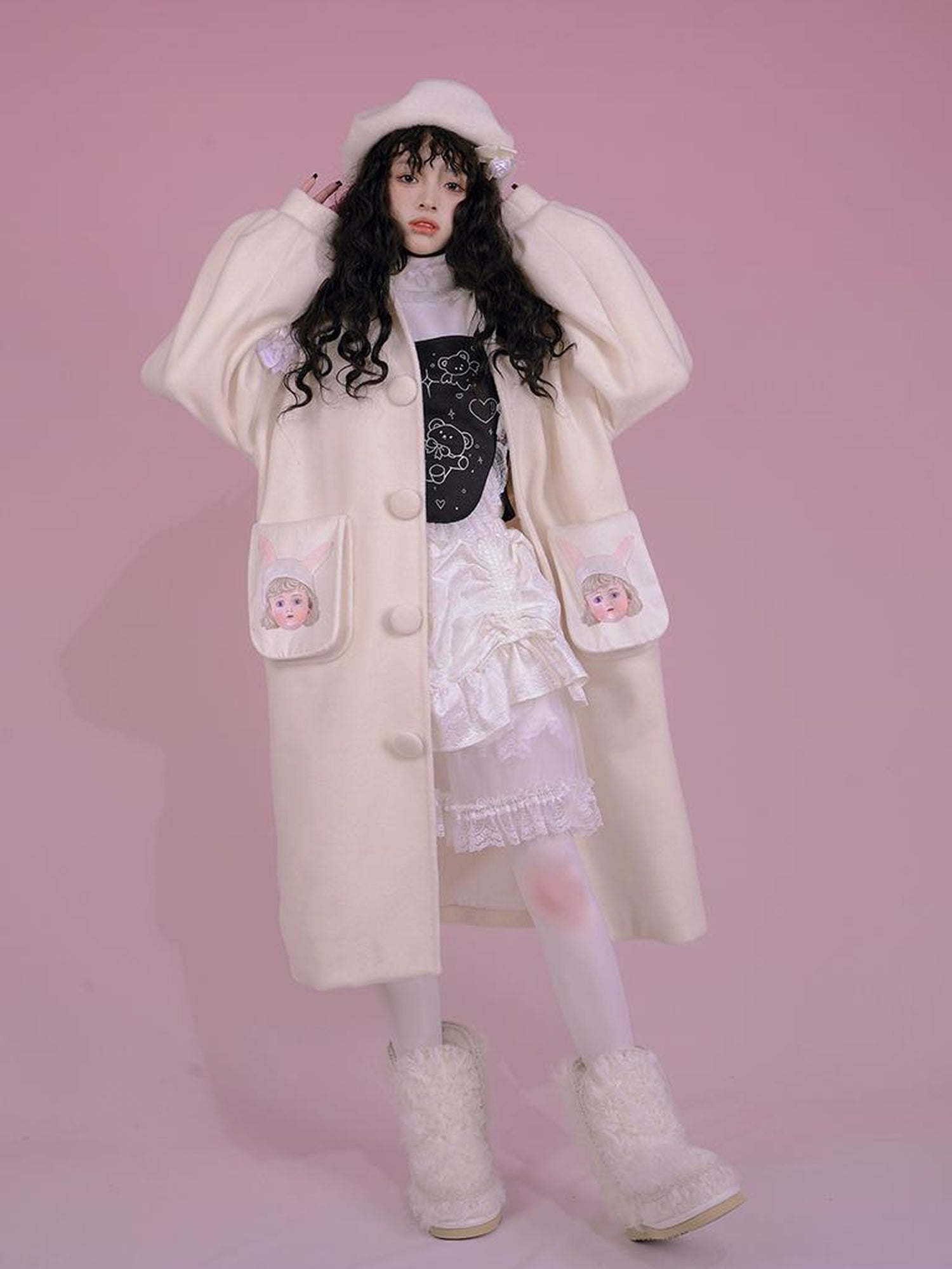 Daytoday Dolly Print Bubble Sleeve Cotton Padded Long Wool Coat