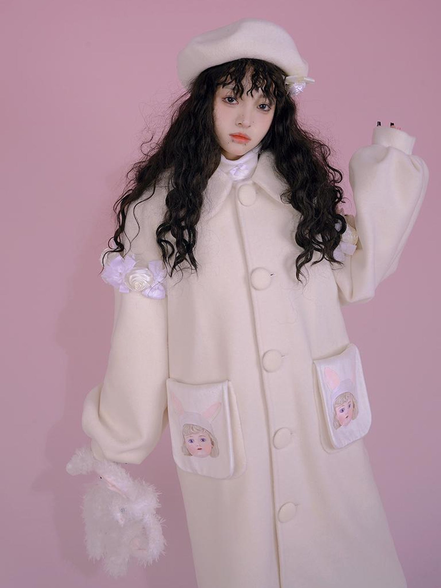 Daytoday Dolly Print Bubble Sleeve Cotton Padded Long Wool Coat