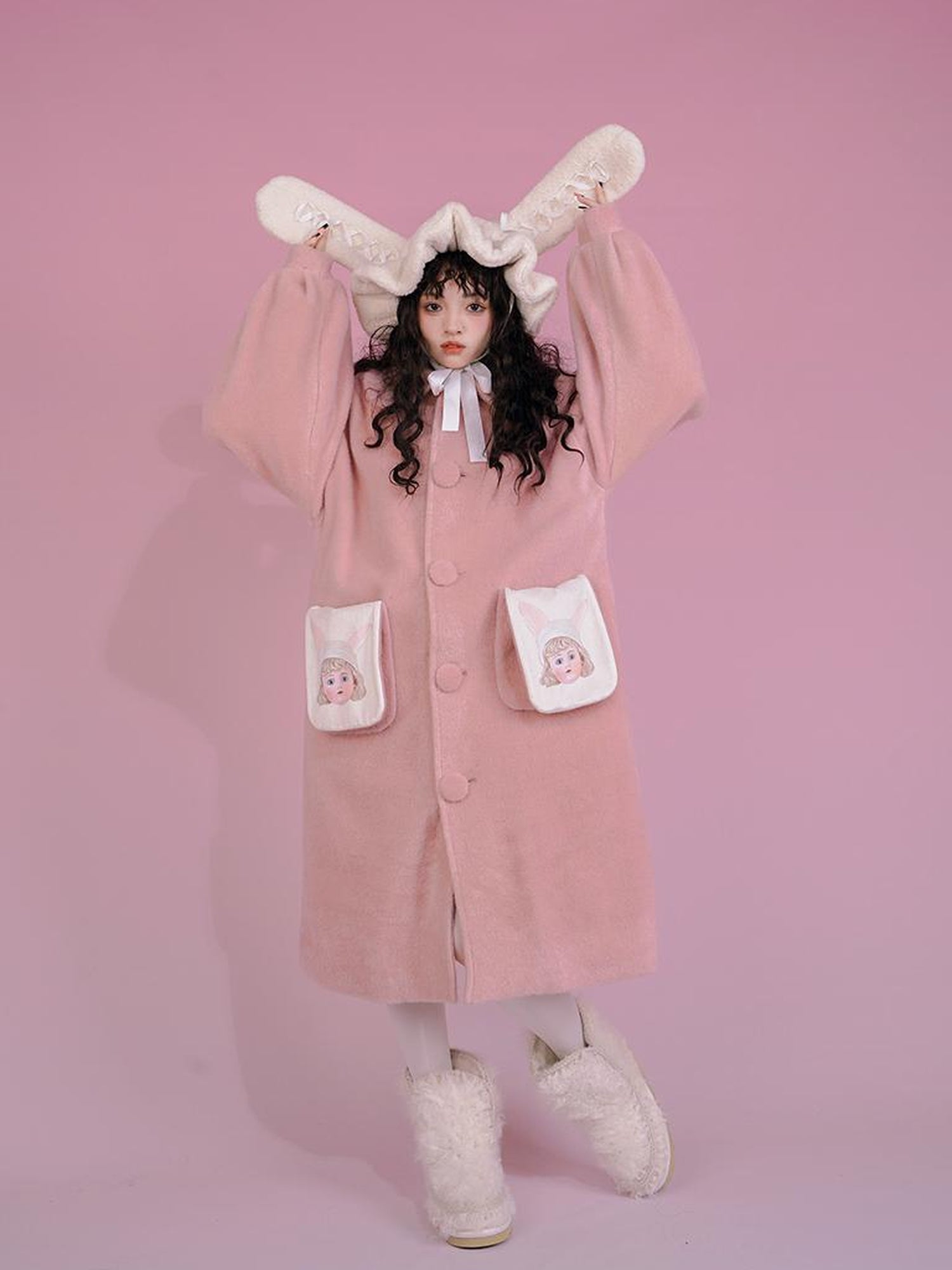 Daytoday Dolly Print Bubble Sleeve Cotton Padded Long Wool Coat