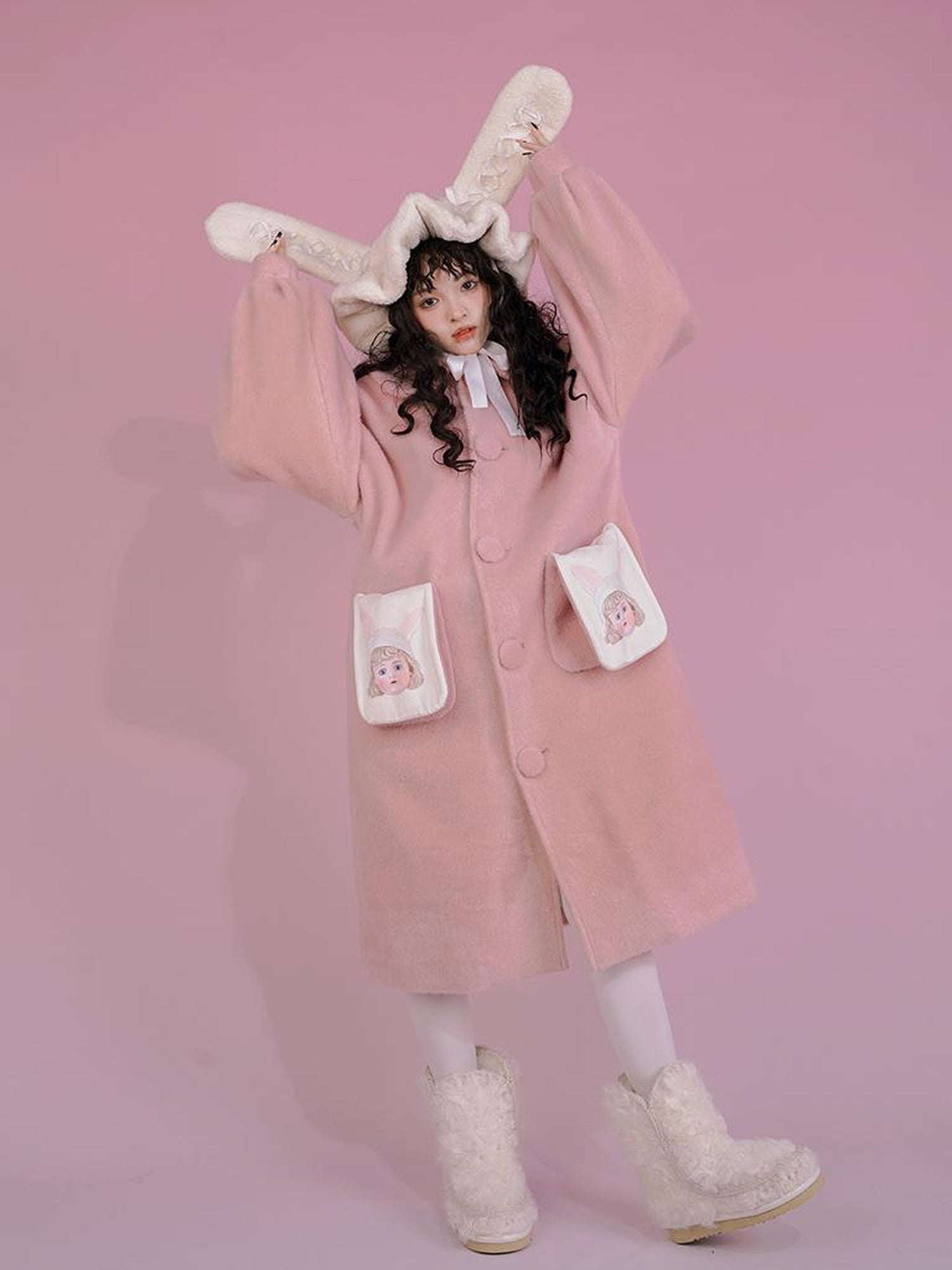Daytoday Dolly Print Bubble Sleeve Cotton Padded Long Wool Coat