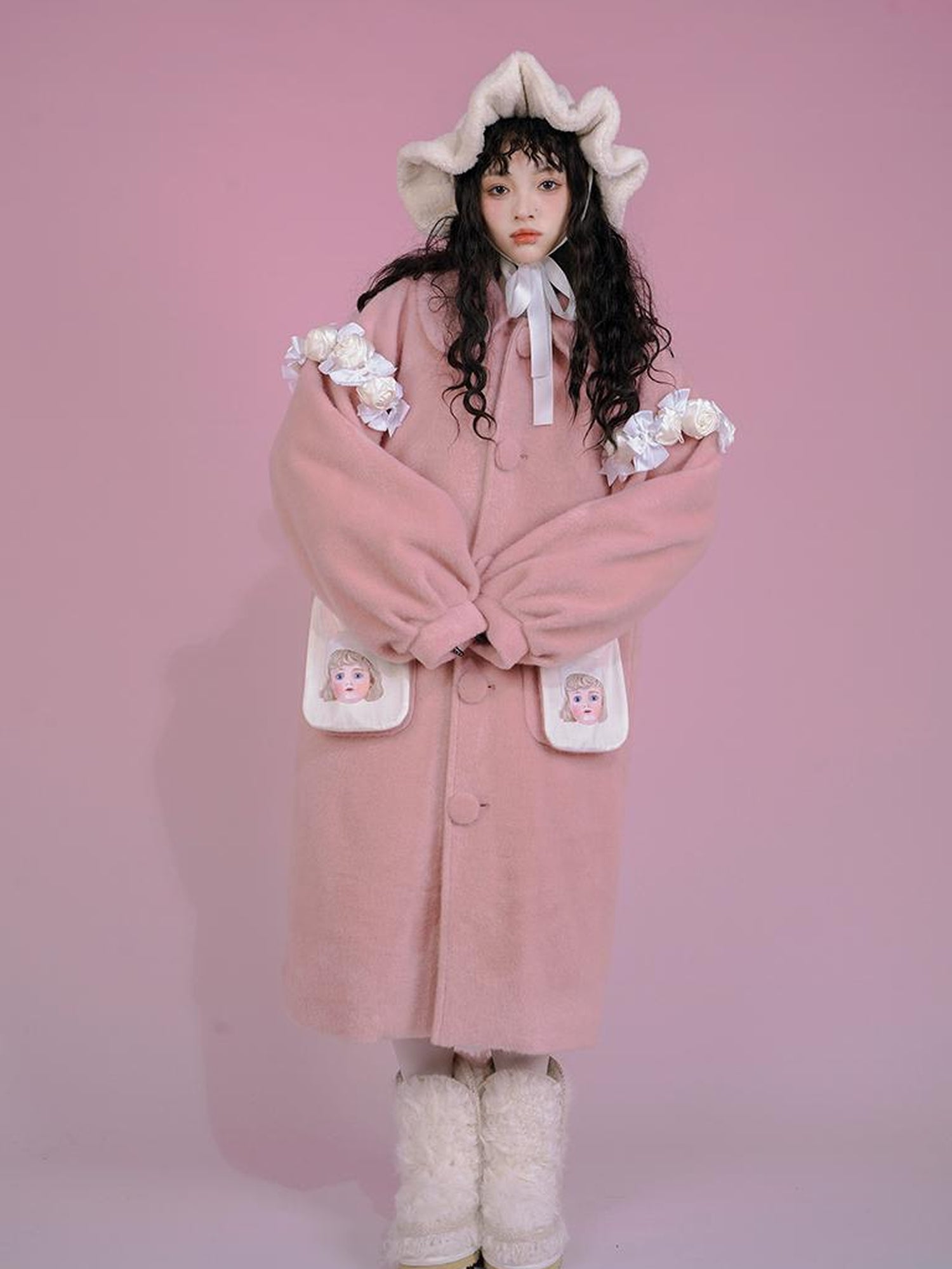 Daytoday Dolly Print Bubble Sleeve Cotton Padded Long Wool Coat