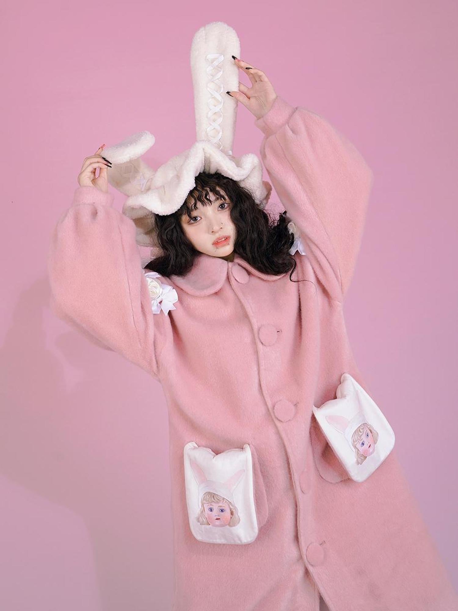 Daytoday Dolly Print Bubble Sleeve Cotton Padded Long Wool Coat