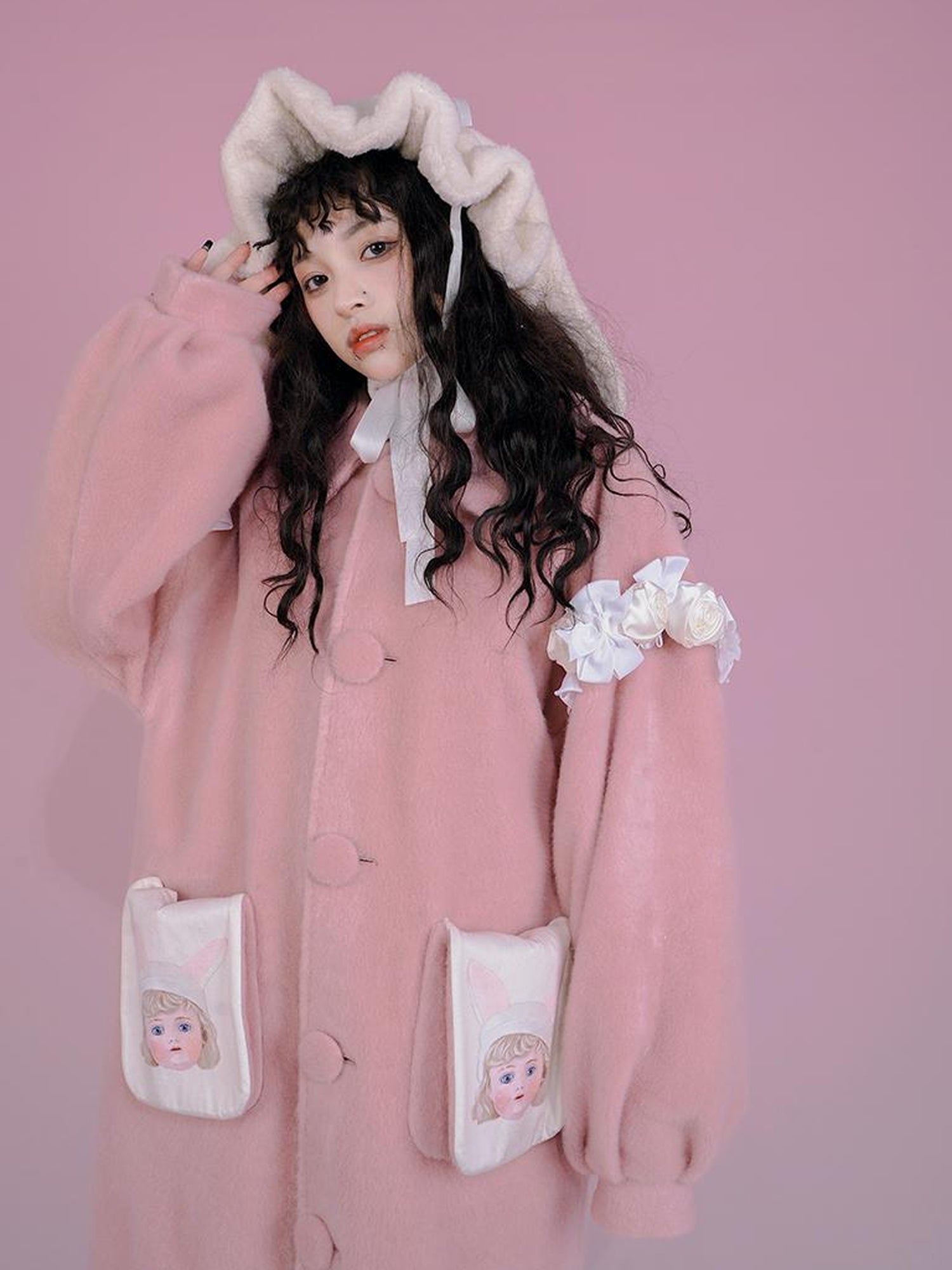 Daytoday Dolly Print Bubble Sleeve Cotton Padded Long Wool Coat
