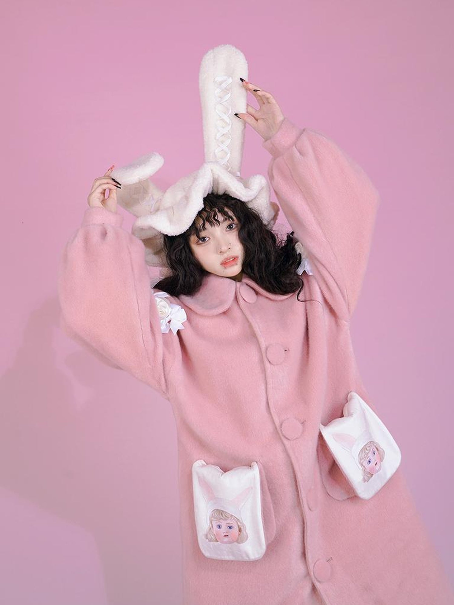 Daytoday Dolly Print Bubble Sleeve Cotton Padded Long Wool Coat