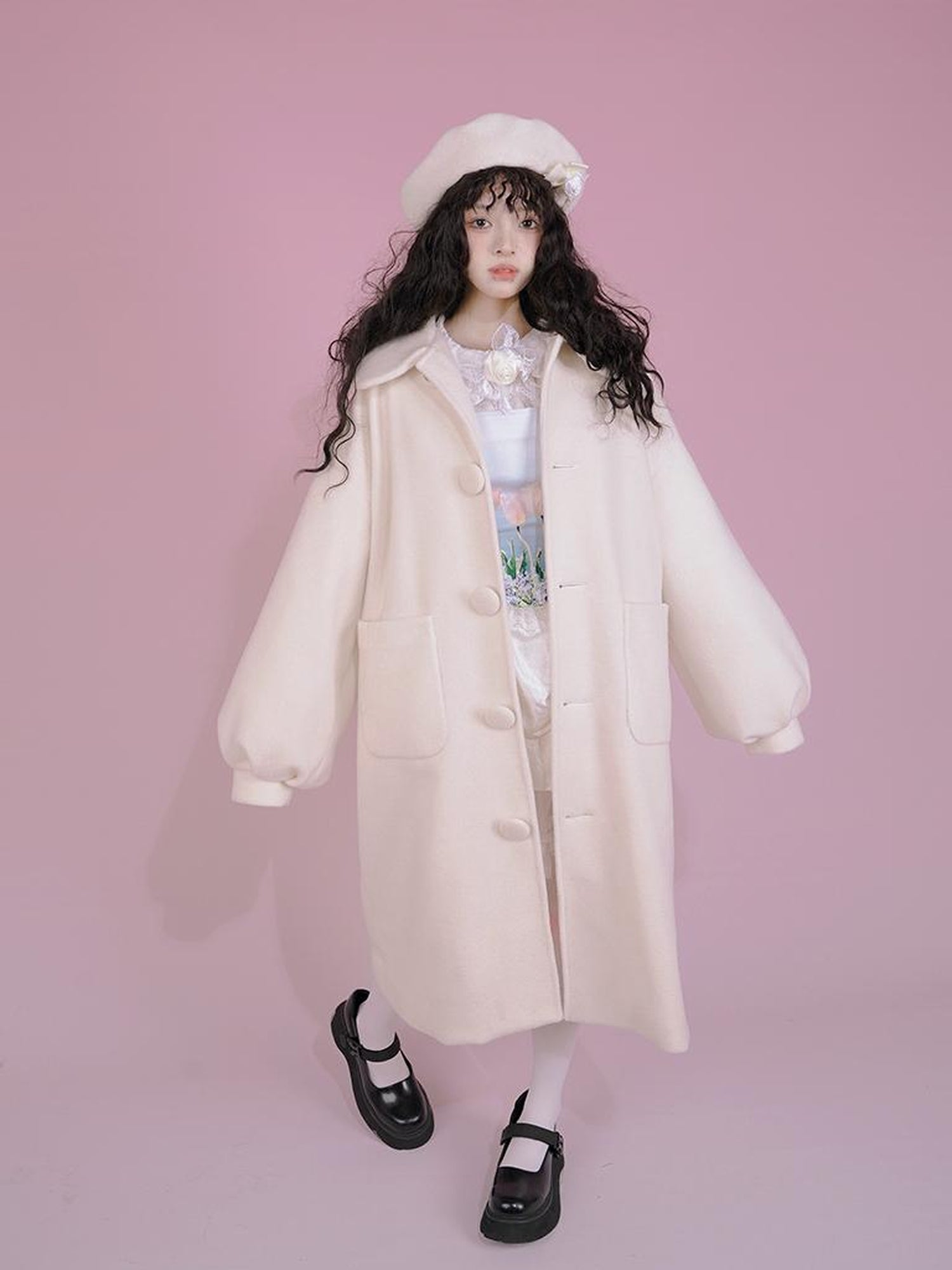 Daytoday Dolly Print Bubble Sleeve Cotton Padded Long Wool Coat