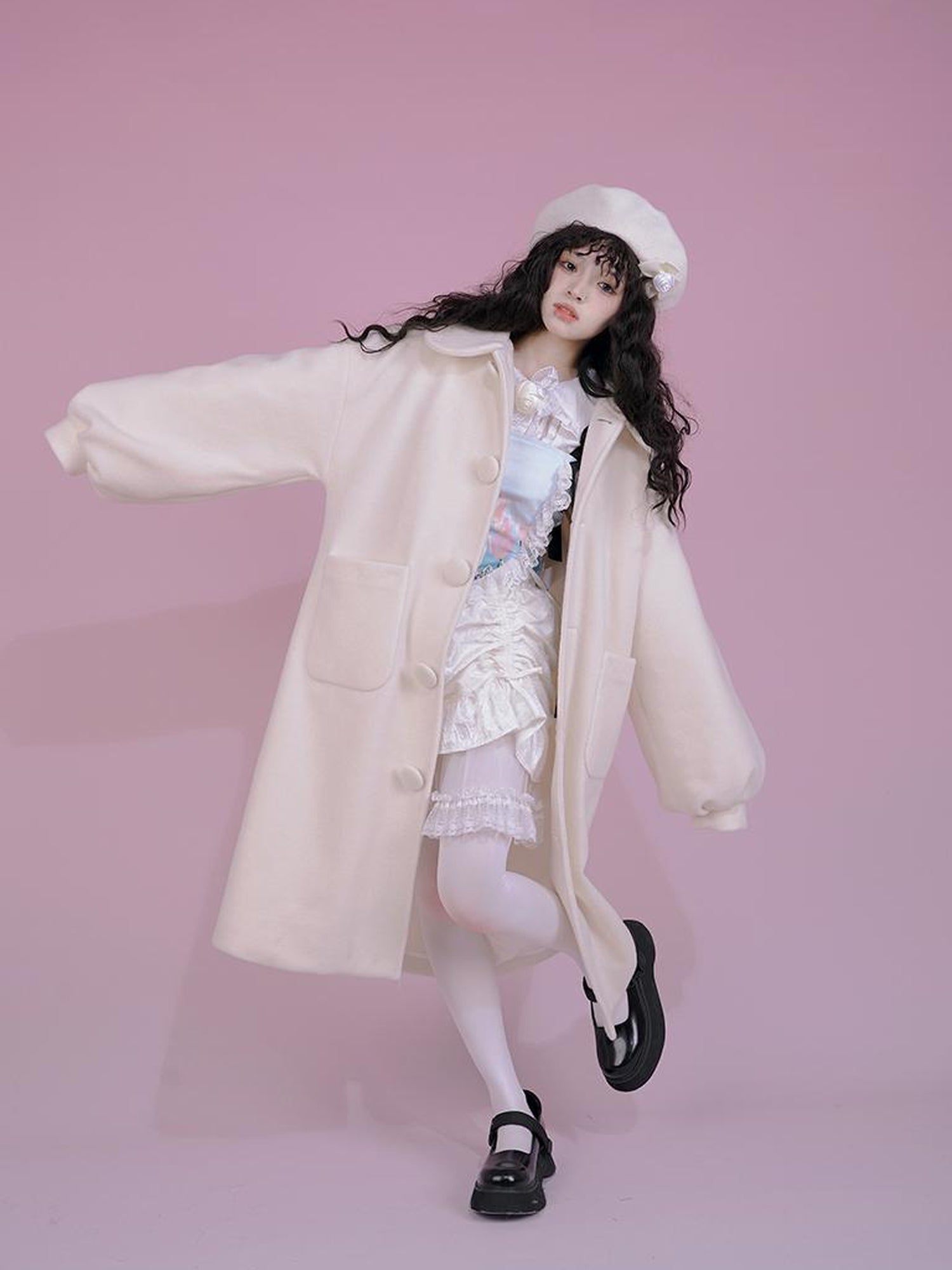 Daytoday Dolly Print Bubble Sleeve Cotton Padded Long Wool Coat